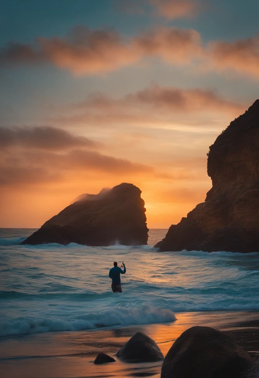 Surfista en el océano al atardecer con rocas en el fondo - SeaArt AI