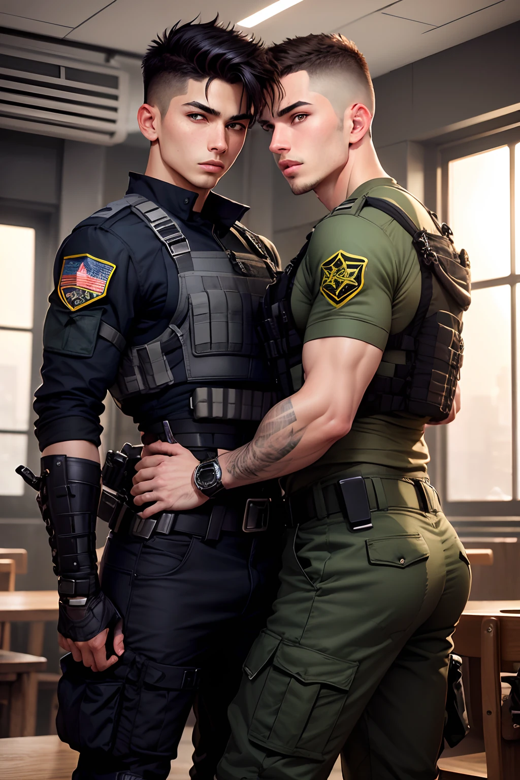 Two men in military uniforms posing for a picture in a classroom - SeaArt AI