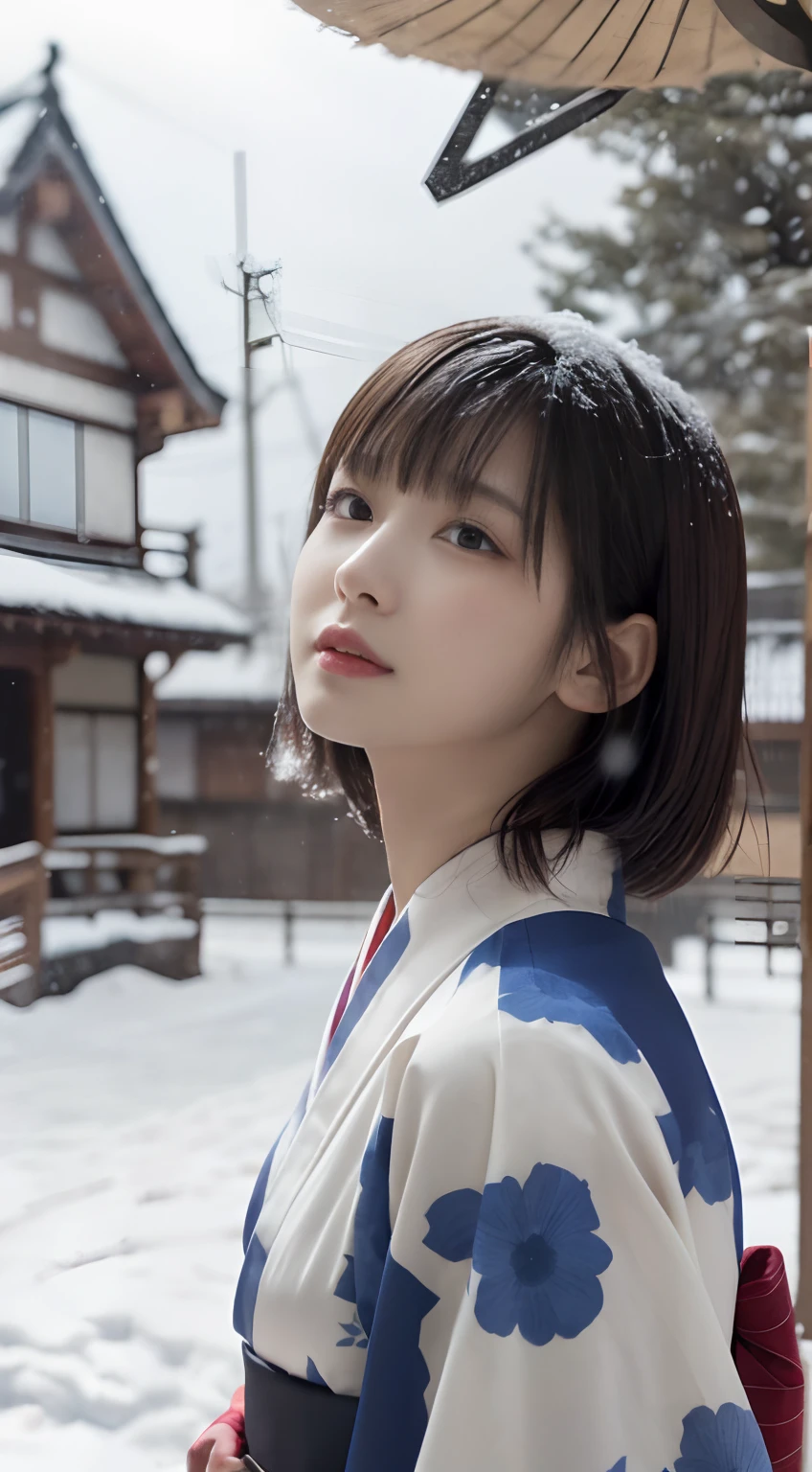 (Kimono)、、(top-quality,​masterpiece:1.3,超A high resolution,),(ultra-detailliert,Caustics),(Photorealsitic:1.4,RAW shooting,)Ultra-realistic capture,A highly detailed,high-definition16Kfor human skin、 Skin texture is natural、、The skin looks healthy with an even tone、 Use natural light and color,One Woman,japanes,,kawaii,A dark-haired,Middle hair,(depth of fields、chromatic abberation、、Wide range of lighting、Natural Shading、)、、(Falling snow:1.3)、(Hair swaying in the wind:1.2)、(Snow reflects light:1.3)