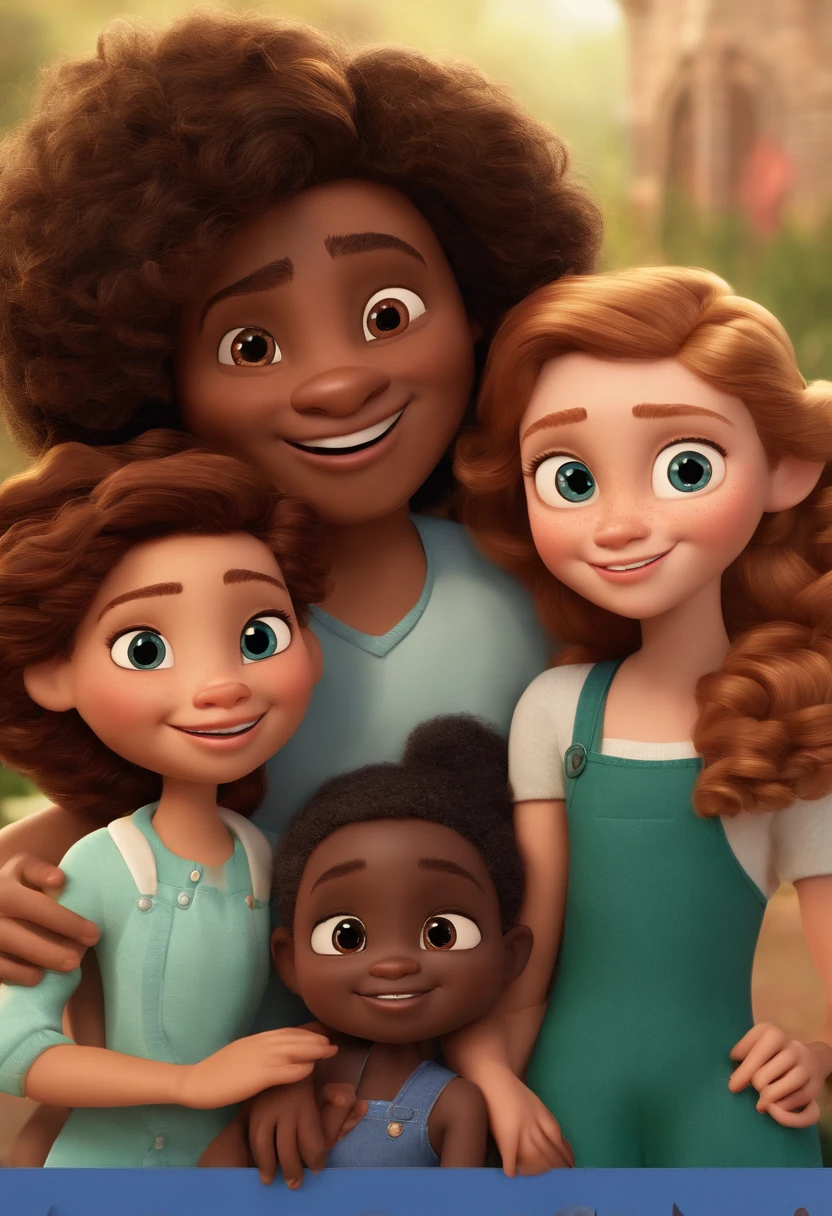 a Disney Pixar movie poster showing a family of 5 with the father having black skin and the rest white. The father is the tallest, Tem barba curta, cabelos negros, cabelos curtos e espinhosos. Mom has glasses, cabelos ruivos cacheados. A girl is white and 10 years old with curly brown hair. The other two girls are 11-year-old white girls. 3D-rendering