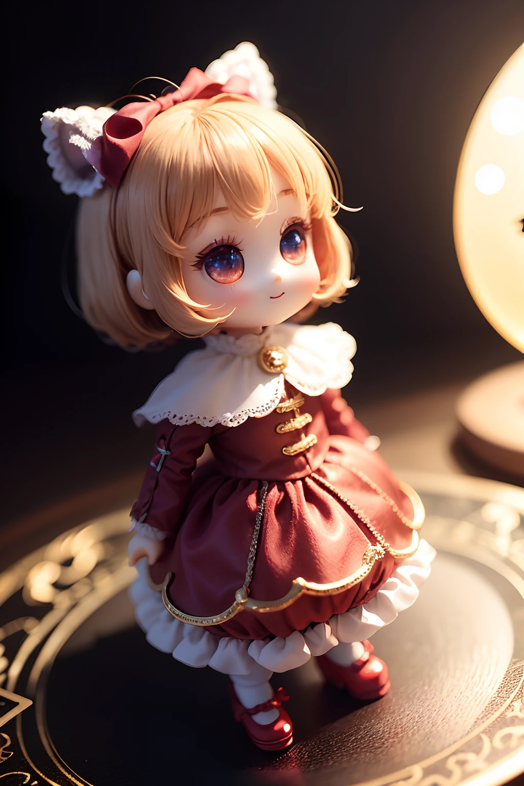 There is a doll that is standing on a plate with a clock - SeaArt AI