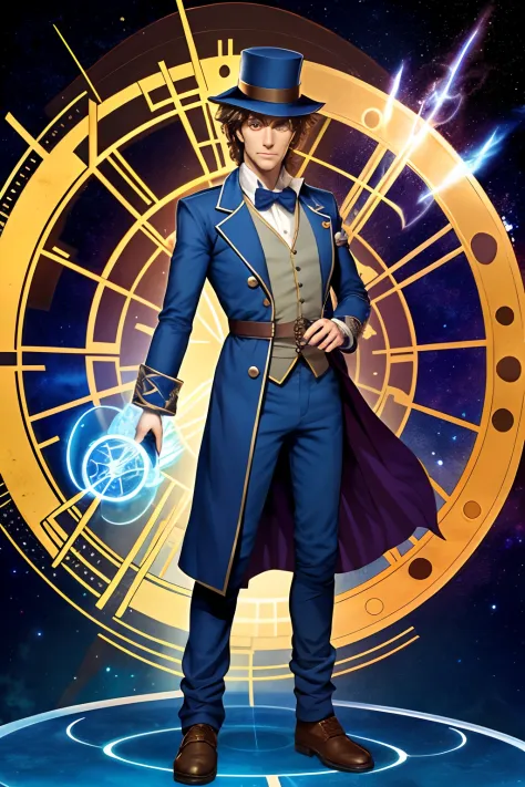 full body, clockwork sorcerer that looks like doctor who, is a celestial being with a blue pouch on the hip. full body time lord...