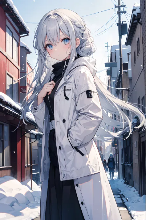 A girl with long gray hair was walking in the beautiful city of snowy country. The whiter her breath became, the colder it was. She decided to live in this city. The snow piled up on the roof of the house and the corresponding one looks fantastic, the girl...