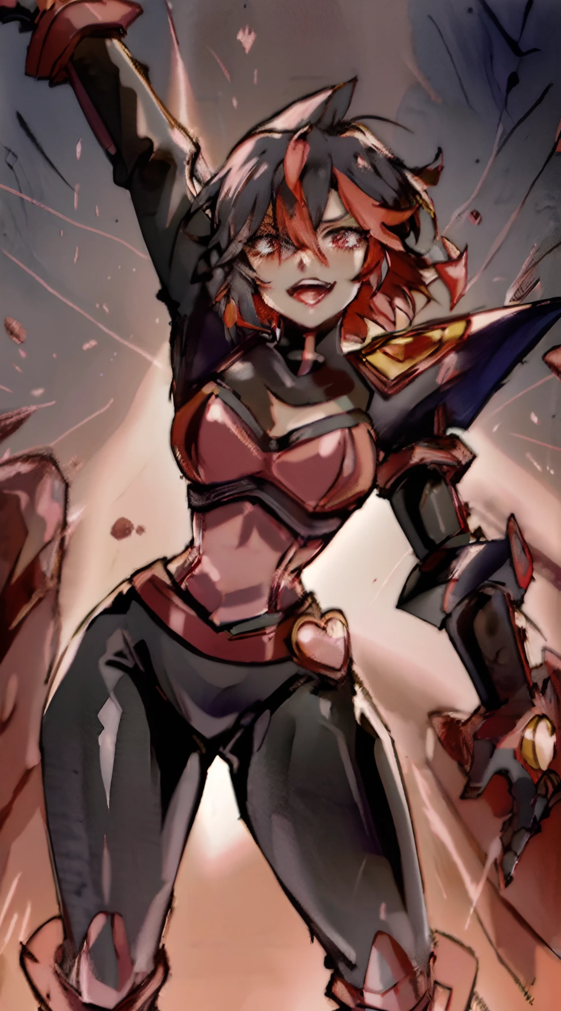 (Best quality, 4k, 8k, Ultra HD, high resolution, masterpiece:1.2), Ryuko Matoi as Mettaton, full spandex/latex attire (reds and blacks), neon lights, flawless makeup, happy singing pose, fierce expression, long hair, simple greyscale background, sleek design, captivating stage presence, captivating red lipstick, confident stance, fashion model, anime glasses, anime tinted red shades, black latex pants, black latex corset, holding a large stage microphone, performance microphone, black microphone, singing stance, extremely tight corset, red bow tie around neck, medium nougat-skin color, heart-shaped silver belt buckle, thick armored metal belt, heart on armored red chestplate, bobcut hair, dark brown hair, heavily armored black cuirass, chest encased in armor, black turtleneck armored, wide hips, black hair, thick flowing dark brown hair,black undersuit,