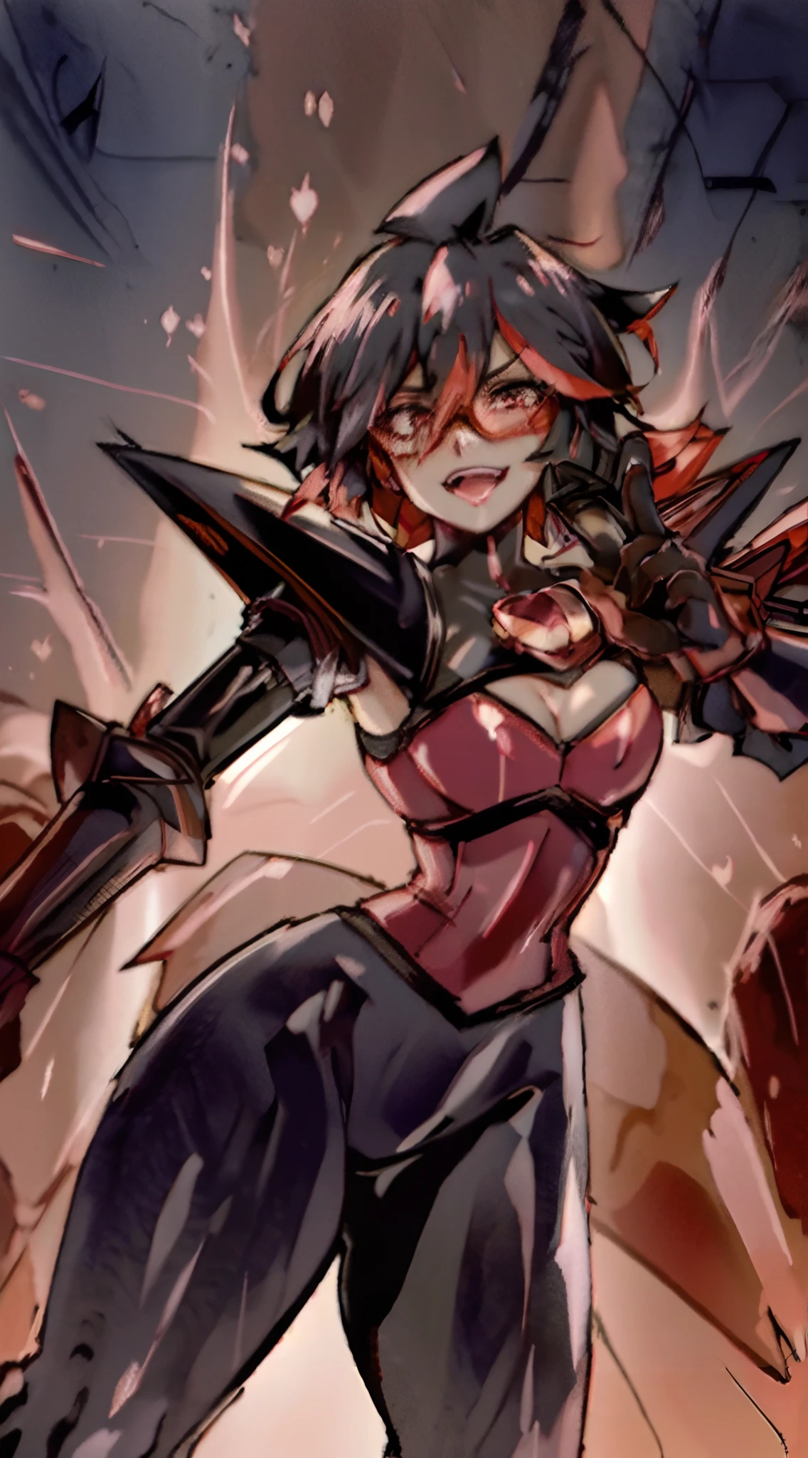 (Best quality, 4k, 8k, Ultra HD, high resolution, masterpiece:1.2), Ryuko Matoi as Mettaton, full spandex/latex attire (reds and blacks), neon lights, flawless makeup, happy singing pose, fierce expression, long hair, simple greyscale background, sleek design, captivating stage presence, captivating red lipstick, confident stance, fashion model, anime glasses, anime tinted red shades, black latex pants, black latex corset, holding a large stage microphone, performance microphone, black microphone, singing stance, extremely tight corset, red bow tie around neck, medium nougat-skin color, heart-shaped silver belt buckle, thick armored metal belt, heart on armored red chestplate, bobcut hair, dark brown hair, heavily armored black cuirass, chest encased in armor, black turtleneck armored, wide hips, black hair, thick flowing dark brown hair,black undersuit,