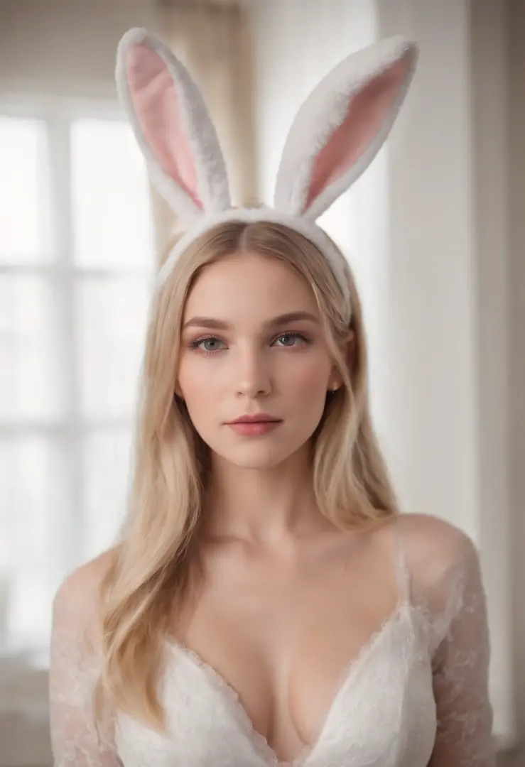 15 year old woman with straight blonde hair in a luxury apartment wearing  nothing but panties and a sexy bunny costume - SeaArt AI