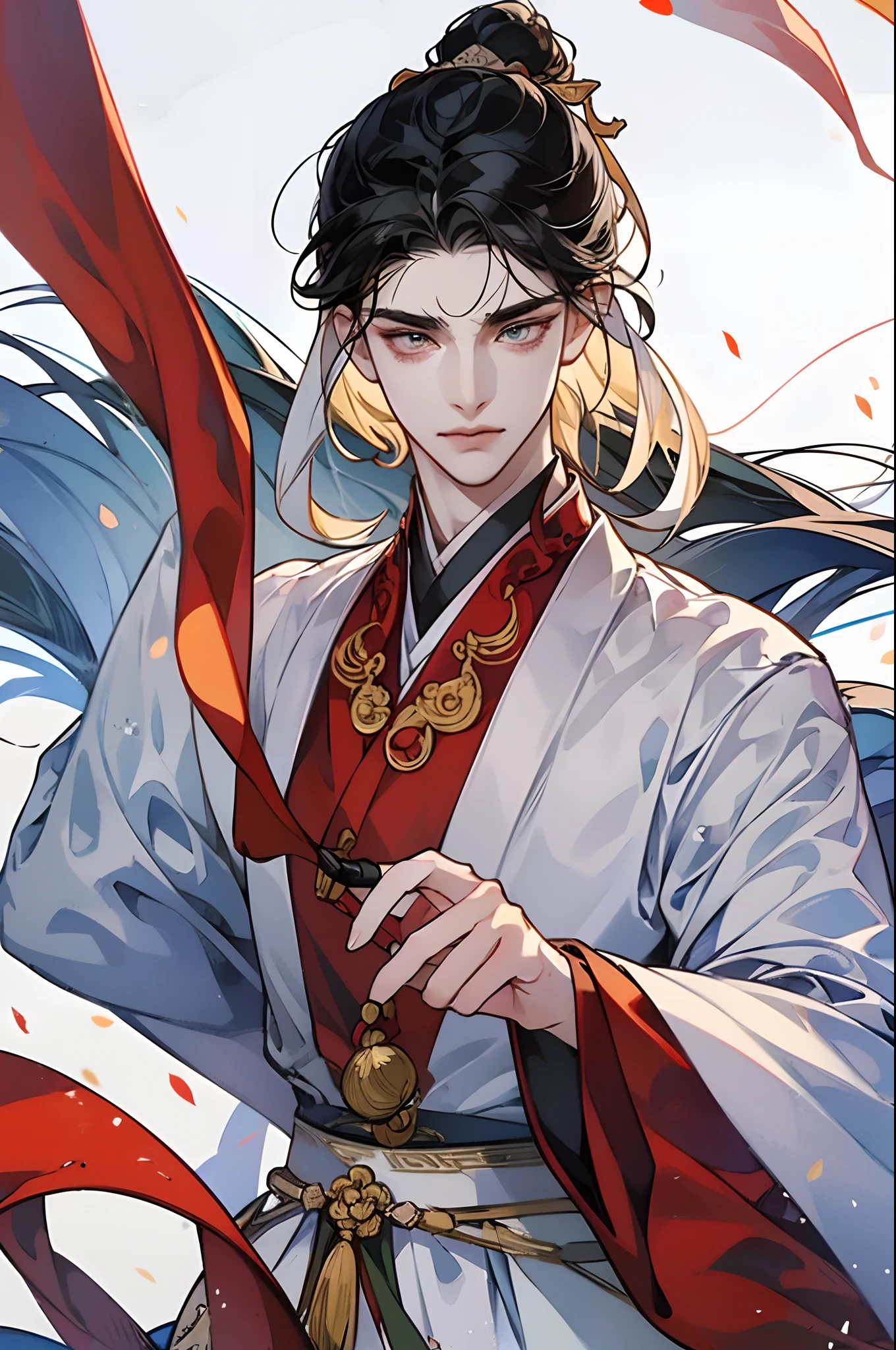 (masterpiece), best quality, expressive eyes, perfect face, 1boy, teen, gorgeous, gufeng, xuanduan, chinese scholar, ancient china, hanfu, sharp jawline, handsome, smooth face, best hands, pale skin, modern, tall, slender, neutral colored clothes, zoomed in, focused, HD wallpaper quality, (big eyes), detailed eyes, detail, more detail, pretty, eyelashes