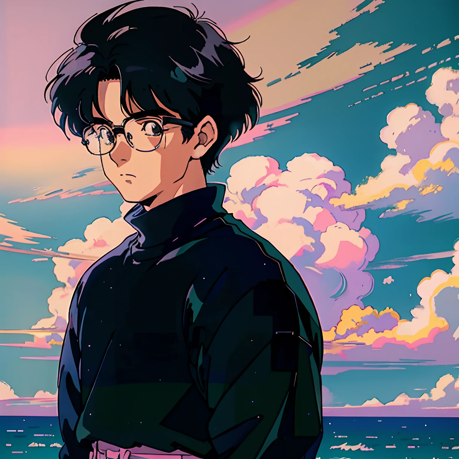 muted pastel colors，Soft picture，Retro Anime, 1990s anime, 1980s anime, Retro Anime，Retro Anime style，Masterpiece, Best quality, 1boy, solo, Black eyes, Long black hair，Bob cut，Medium hair, Large round frame glasses，Black sweater，Closed mouth，Simple background