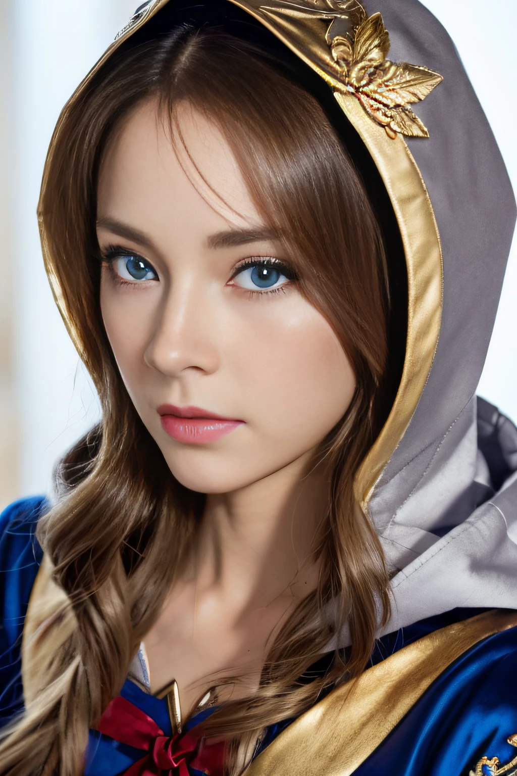 Full body shot of Princess Zelda, Brown hair, Blue eyes, Dressed as an Assassin from Assassin's Creed, in white+White mask on gold、Gold details at hood, XL Bust, Using the Wrist Blade. Background: Renaissance city. unreal enginee 5, Anime, Anime style, masutepiece, well-drawn eyes, Well-drawn face, well detailed eyes, Well detailed face, 8K, light and shadow effect.