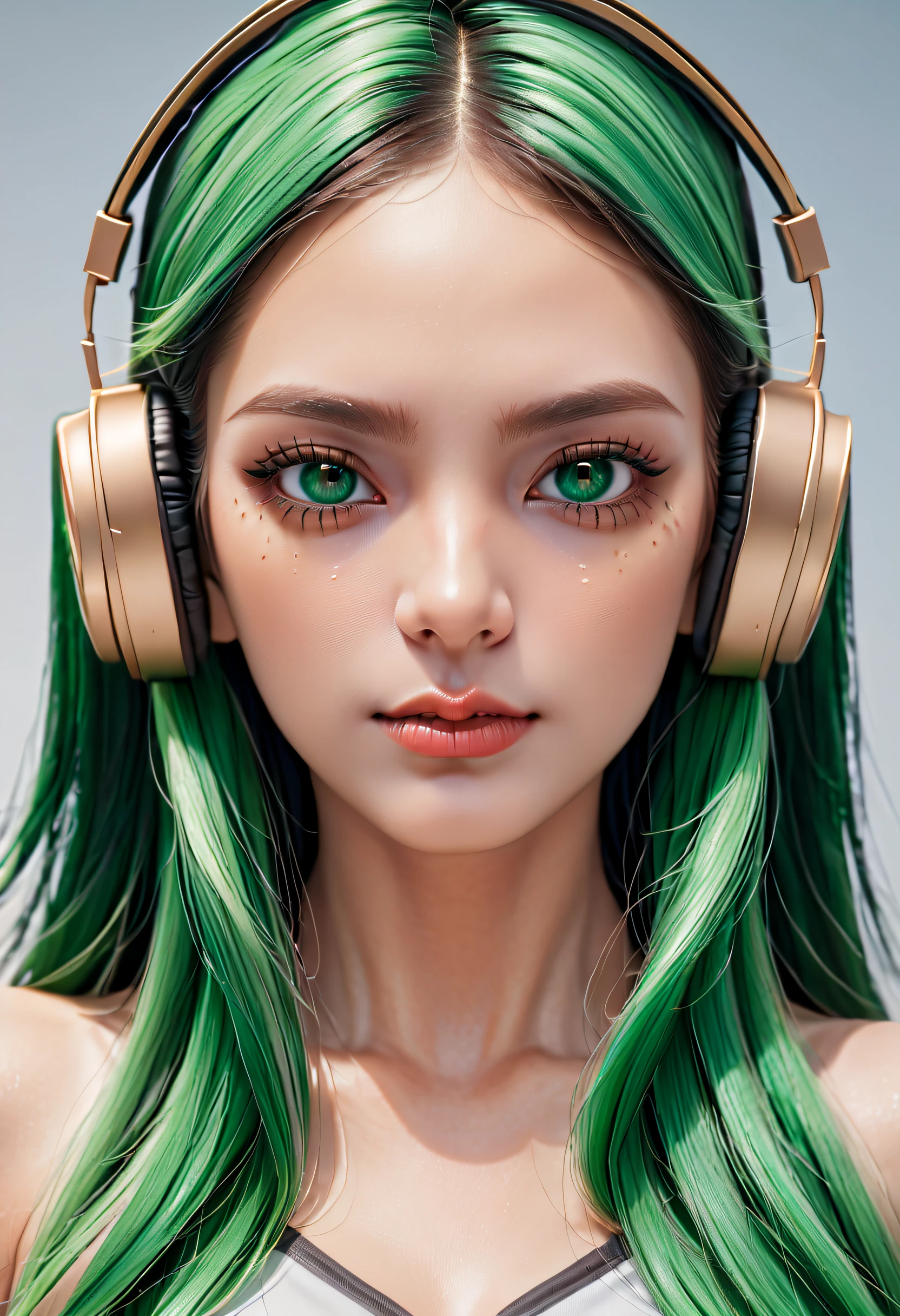 girl with long green hair, green eyes, futuristic vibes, mask on mouth, headphones, 8k, high quality, simple background, glowing eyes, nice pose