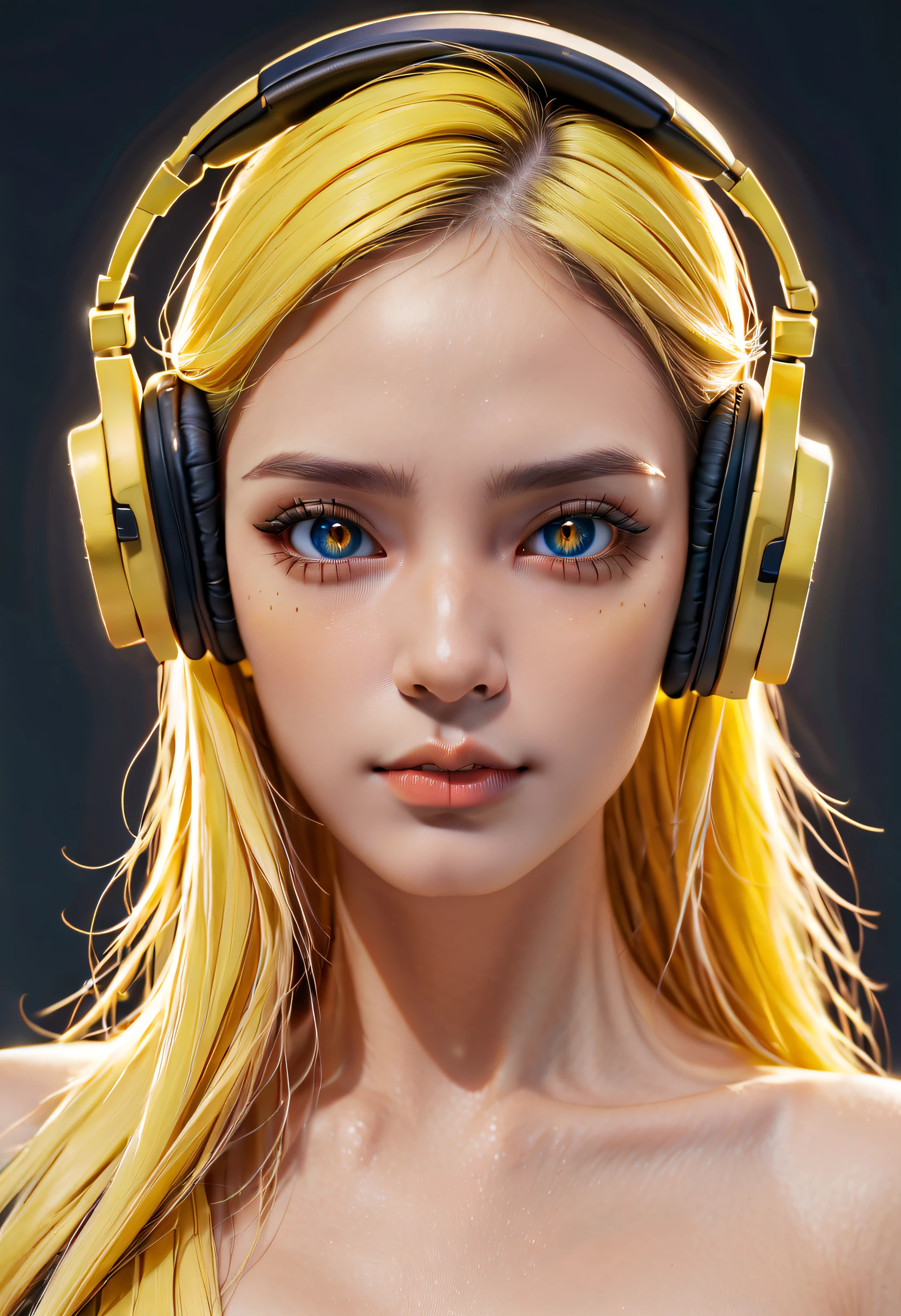 girl with long yellow hair, yellow eyes, futuristic vibes, mask on mouth, headphones, 8k, high quality, simple background, glowing eyes, nice pose