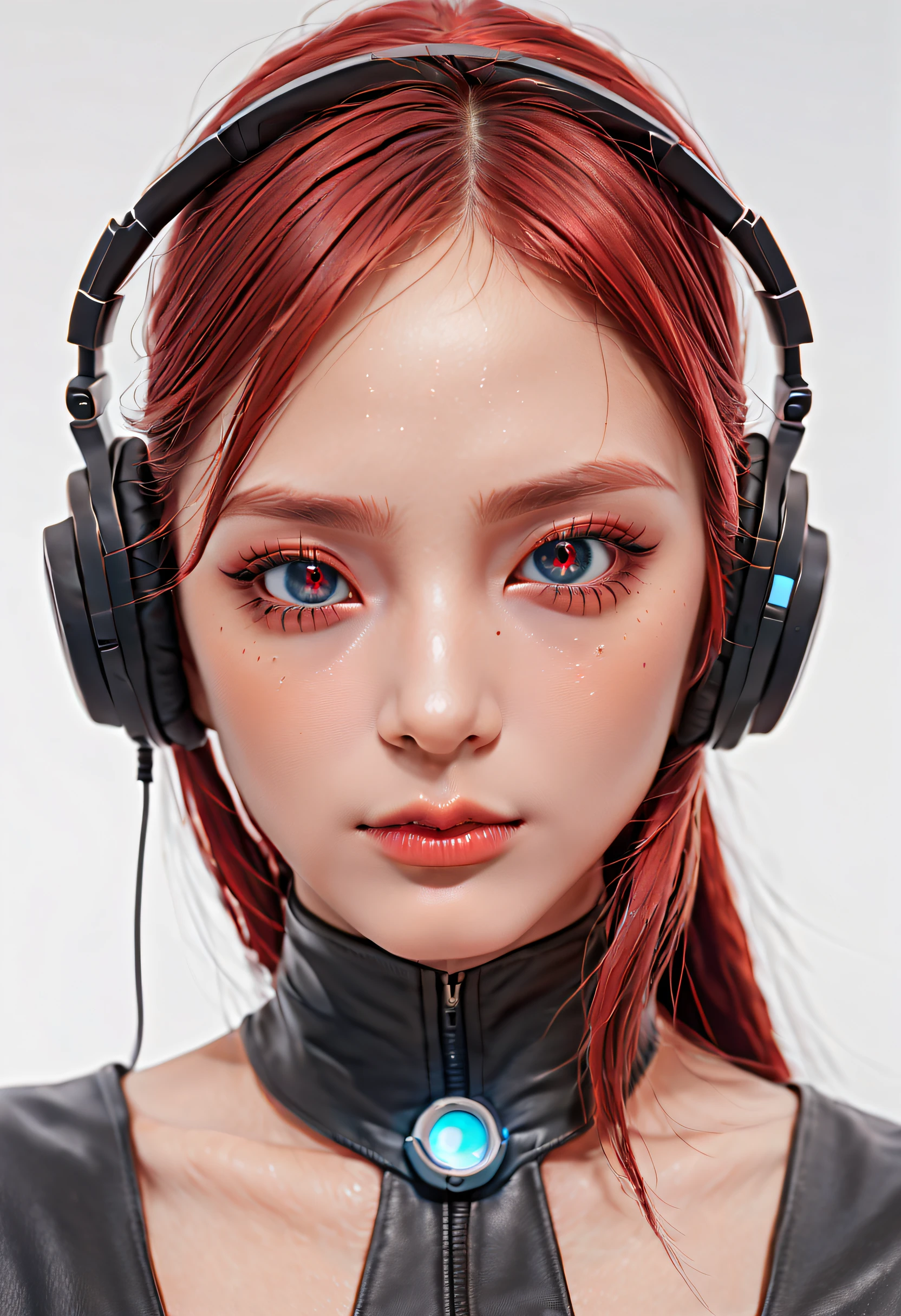 girl with long red hair, red eyes, futuristic vibes, mask on mouth, headphones, 8k, high quality, simple background, glowing eyes, nice pose