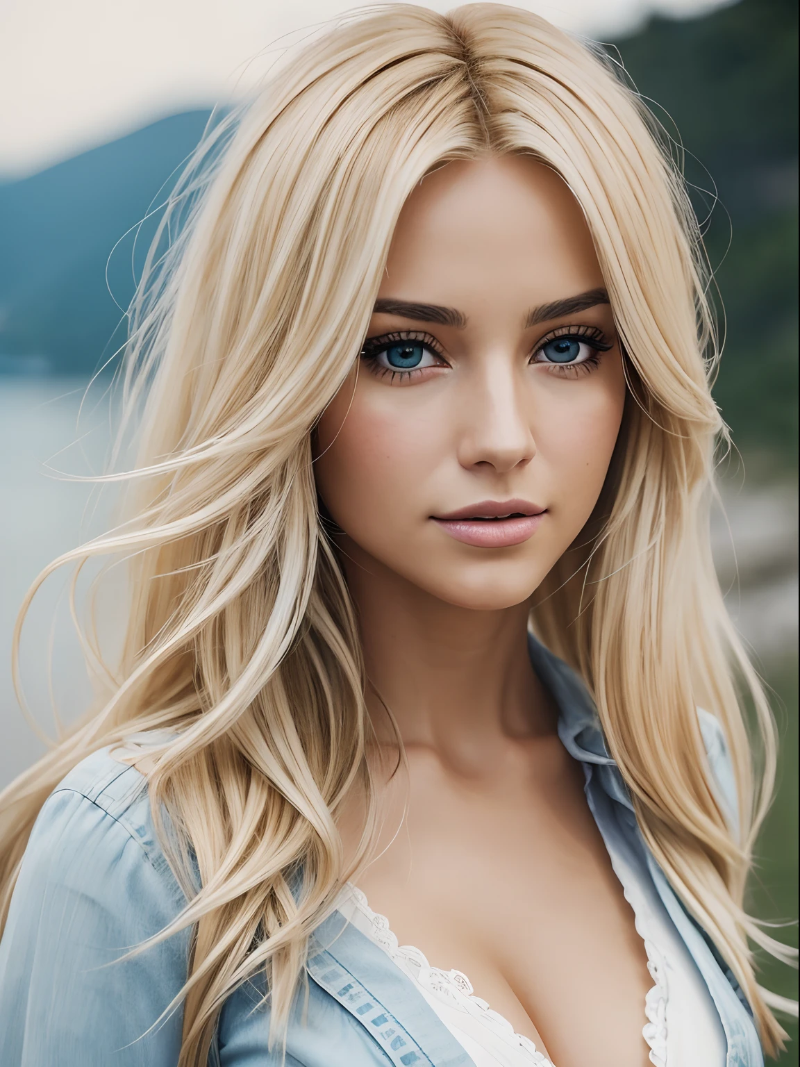 Photoréaliste d&#39;une femme incroyablement belle avec des cheveux blonds en désordre et venteux, dans le style du Panasonic Lumix S Pro 50mm f/1.4, beige clair et azur foncé, mashups d&#39;images de célébrités, réalisme doux, barbiecore, moteur irréel 5, 32k euh, qualité lumineuse, réalisme suisse, Niji 5