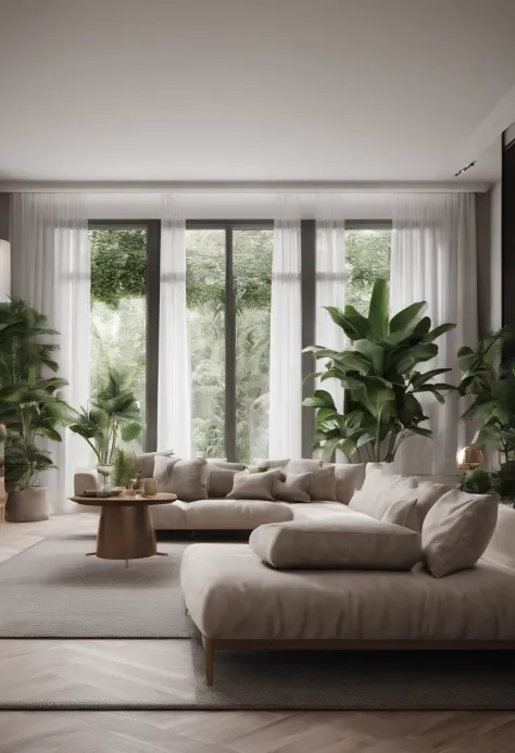 You are a famous interior designer，and commissioned to create a 3D image of a modern large room. Create a harmonious environment with modern and minimalist furniture. Some houseplants are included，Make it look fresher.