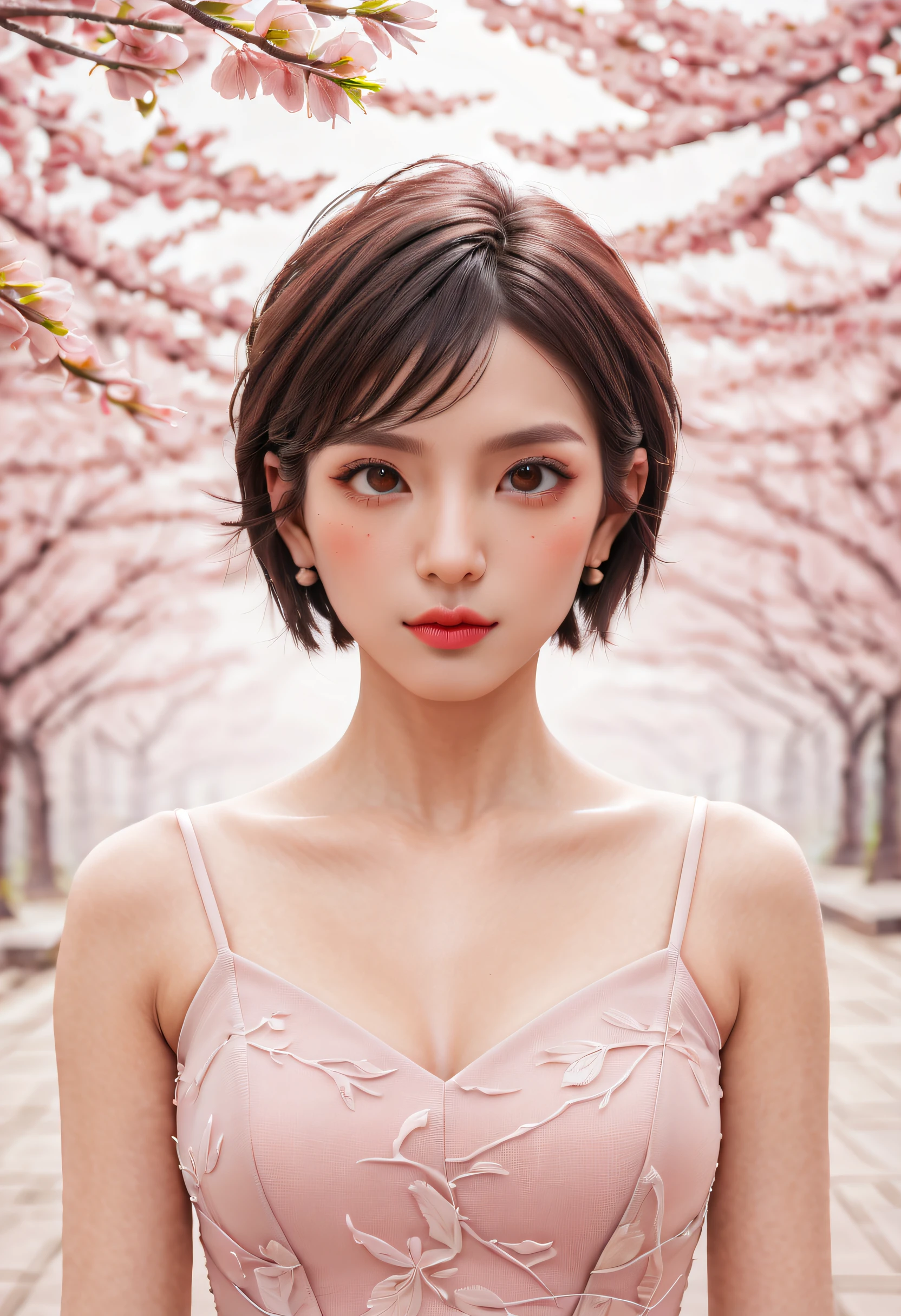 beautiful japanese young woman, thick symmetrical features, very short hair, background is cherry blossoms, pink aura, red lips, octane render,