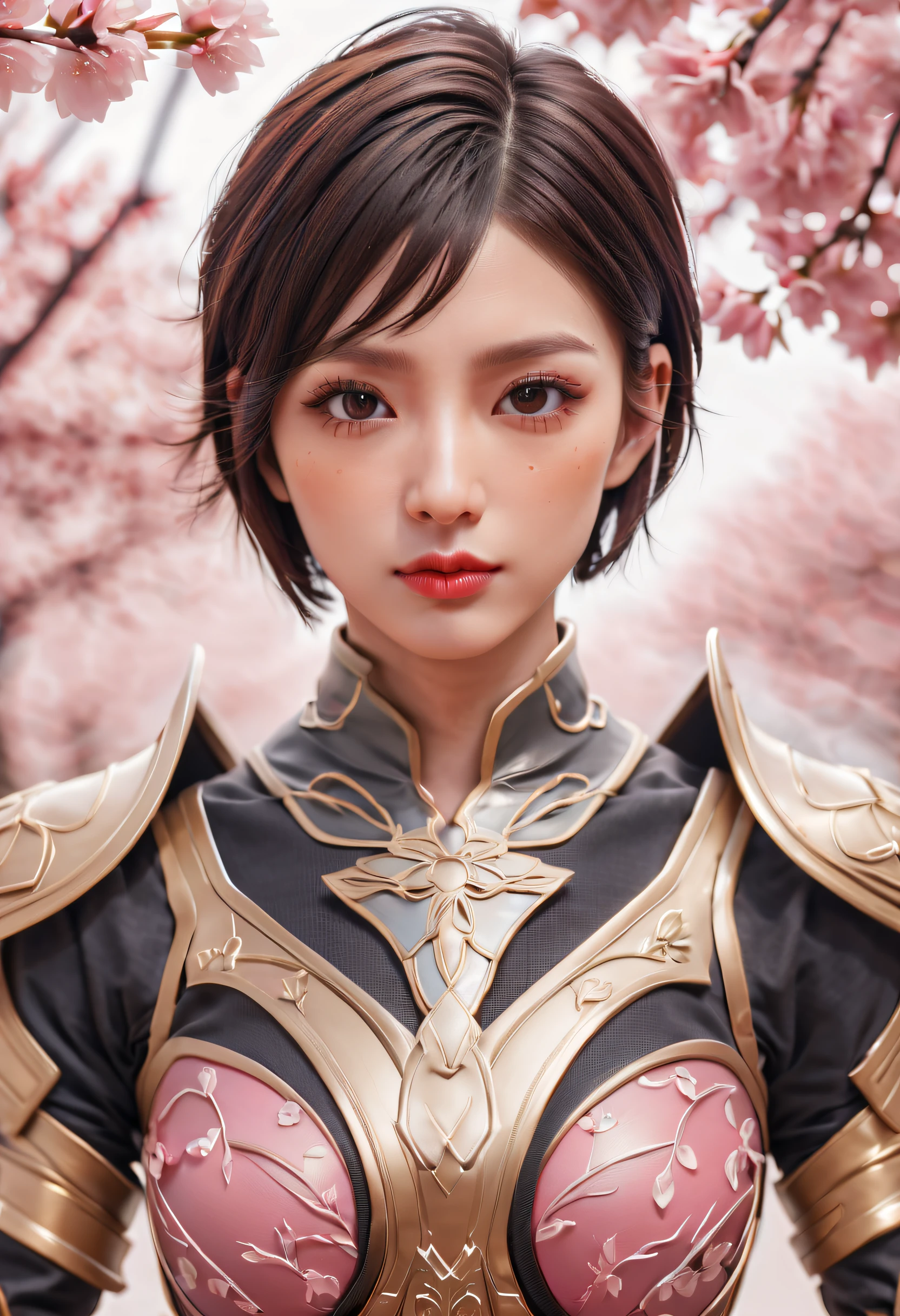 beautiful japanese young woman, wearing ninja armor, thick symmetrical features, very short hair, background is cherry blossoms, pink aura, red lips, octane render,