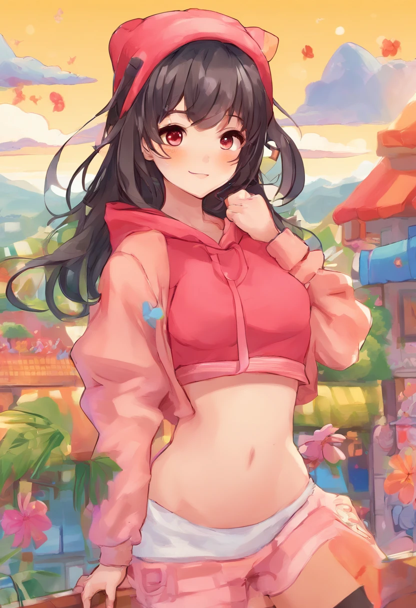 Anime girl in pink outfit with red hat and pink top - SeaArt AI