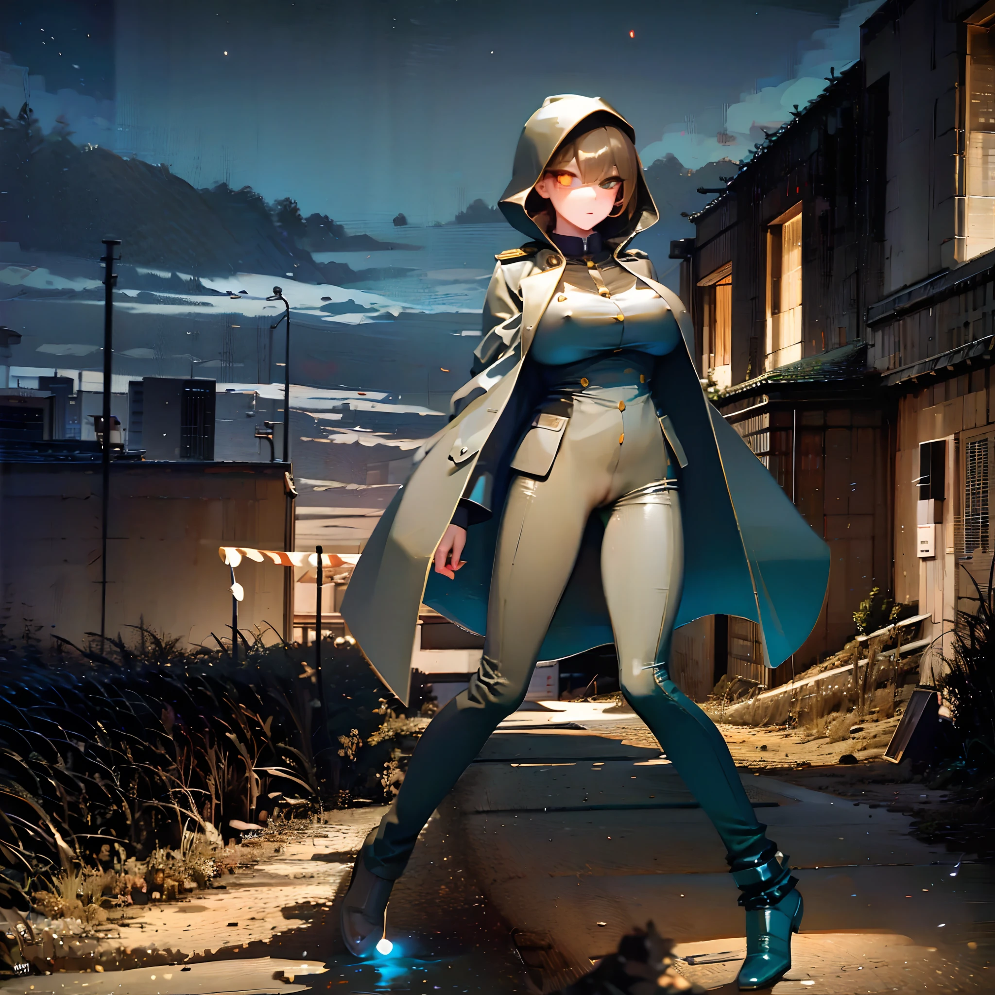 (solo cute girl standing at ruin:1.3 , (light brown hair:1.2) , (very long legs), (thin legs), very short torso, BREAK, (open legs:1.2), tiptoe, pigeon toed, BREAK, (large breasts:1.2), perky breasts, thin waist, BREAK, (dark brown military uniform:1.3), (hood:1.2), trousers, BREAK, (cameltoe), (huge hard clitoris erect through trouser:1.3), trouser digging into , (nsfw:0.5), BREAK, nose blush, looking at viewer, BREAK, (glowing golden eyes:1.5), BREAK, (masterpiece, best quality, ultra-detailed:1.5)