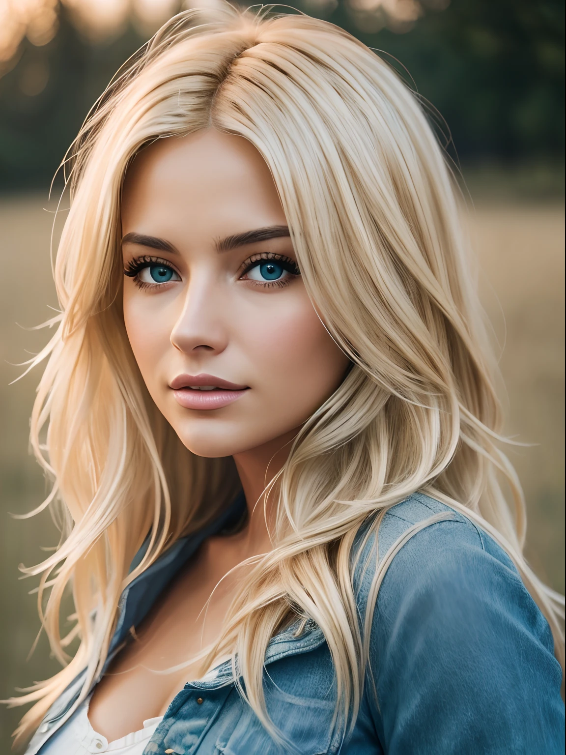 Photorealistic of a insanely beautiful woman with blonde windy messy hair, in the style of panasonic lumix s pro 50mm f/1.4, light beige and dark azure, celebrity images mashups, soft realism, barbiecore, unreal engine 5, 32k uhd, luminous quality, swiss realism, niji 5