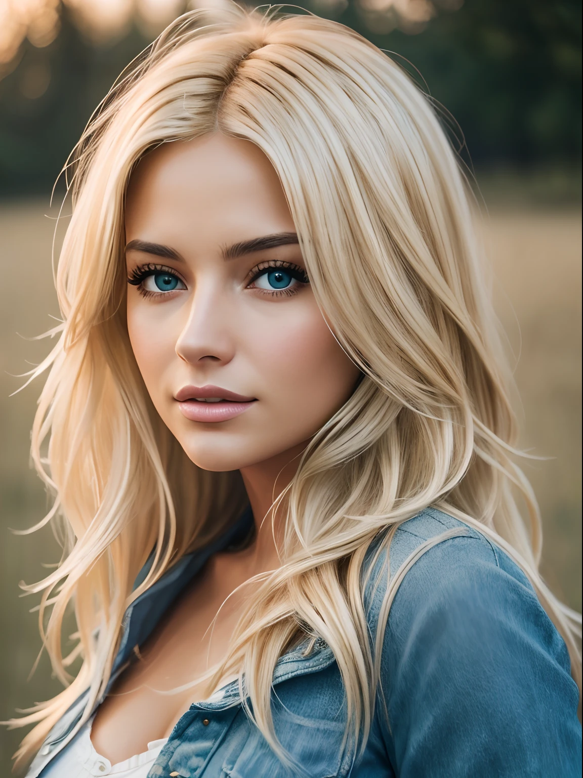 Photoréaliste d&#39;une femme incroyablement belle avec des cheveux blonds en désordre et venteux, dans le style du Panasonic Lumix S Pro 50mm f/1.4, beige clair et azur foncé, mashups d&#39;images de célébrités, réalisme doux, barbiecore, moteur irréel 5, 32k euh, qualité lumineuse, réalisme suisse, Niji 5