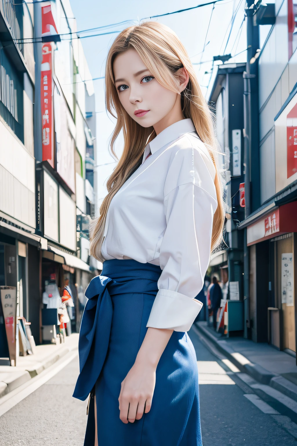 masutepiece, Best Quality, 8K, Photographic Reality, Realistic, Octane Rendering, Bustling Japan urban streets (1 woman: 1.4), (Only one woman on the screen: 1.3), (White shirt), (long golden hair), (Hip wrapped skirt), (Blue eyes) Upper body display