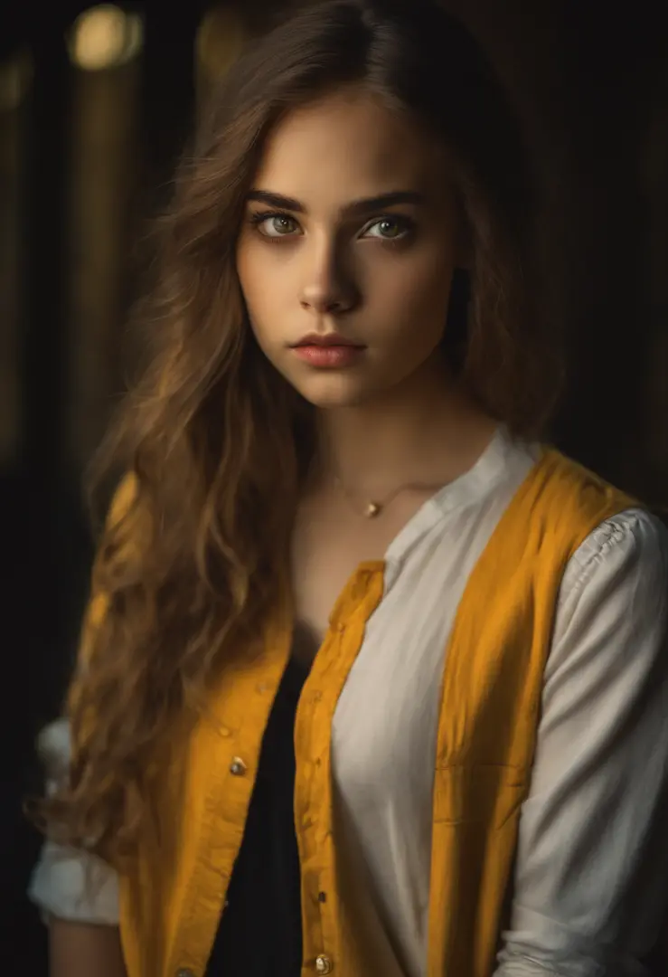 A teenage girl with a serious face, with werewolf-style eyes with a yellow color