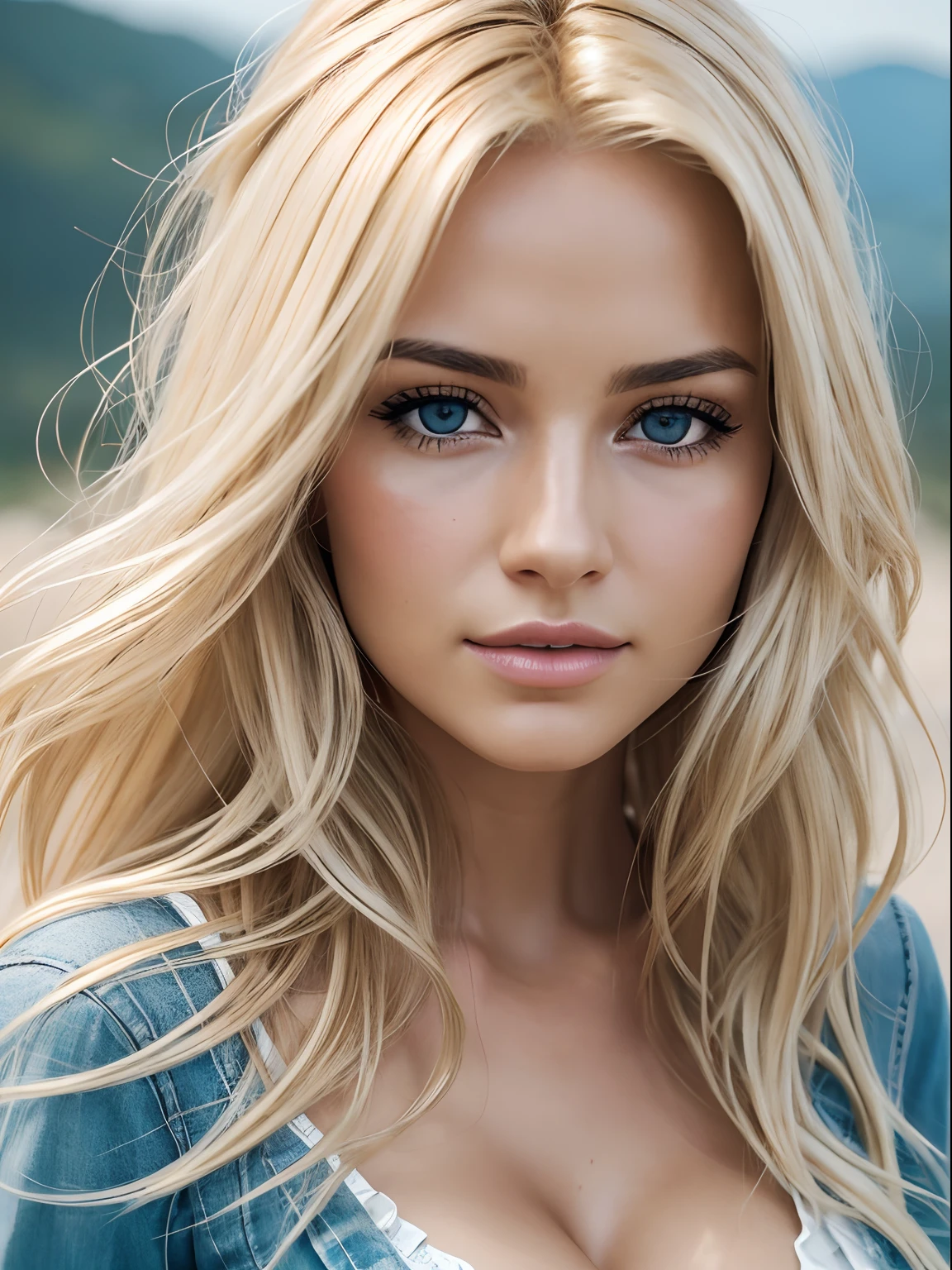 Photorealistic of a insanely beautiful woman with blonde windy messy hair, in the style of panasonic lumix s pro 50mm f/1.4, light beige and dark azure, celebrity images mashups, soft realism, barbiecore, unreal engine 5, 32k uhd, luminous quality, swiss realism, niji 5