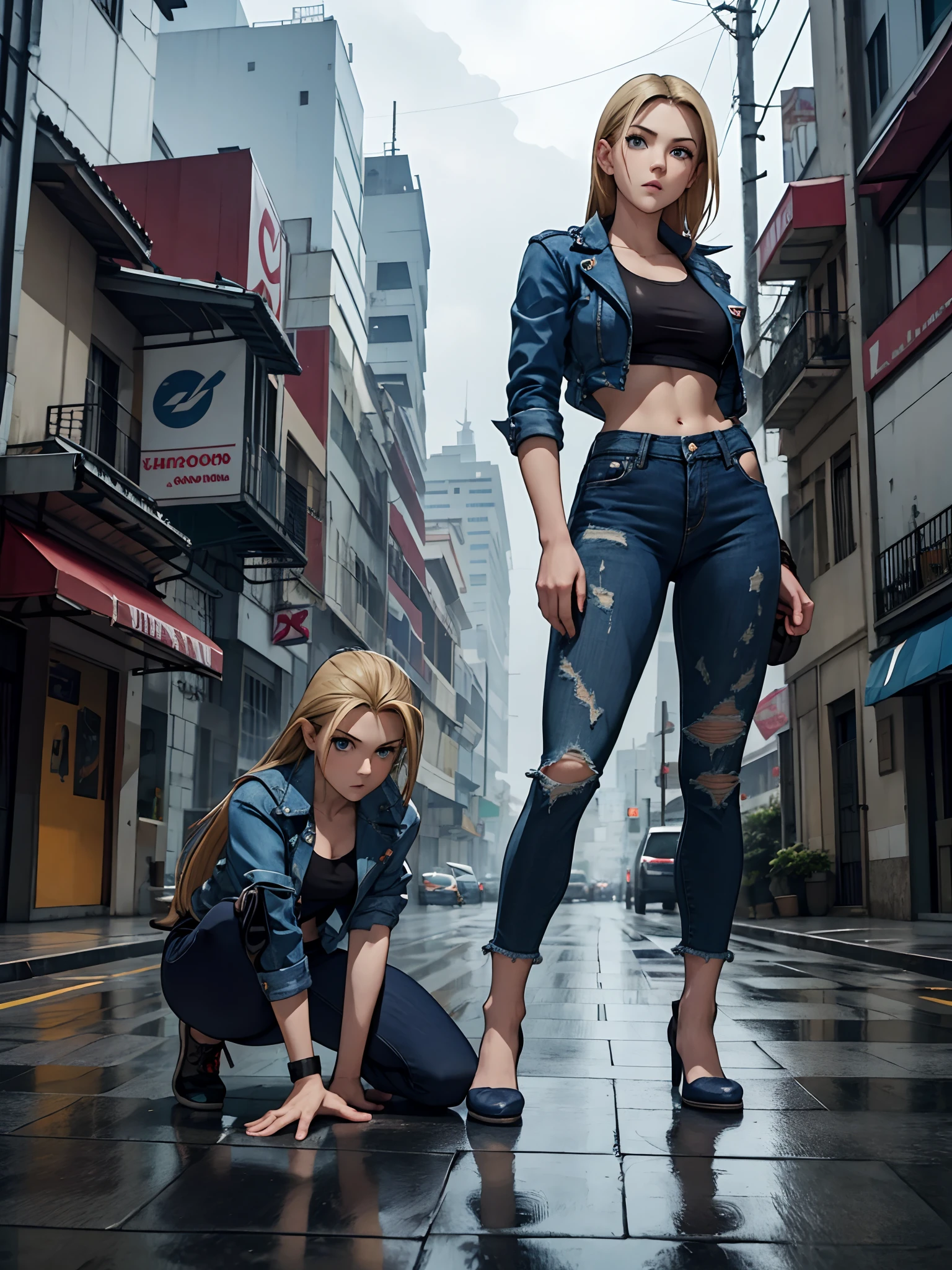 aya break, parasite eve, 3d, Video game character, realisitic, best qualityer, DESTROYED CITY, haze, hair blonde, Blue Eyes Far Angle, Ratio 4:3, wall-paper,best qualityer, ultra HD, 8k, fully body, em on, destroyed jeans, ,gypsy bodice, Above the Knee, Faraway view, perfect legs,Street, natta, flames, Raby