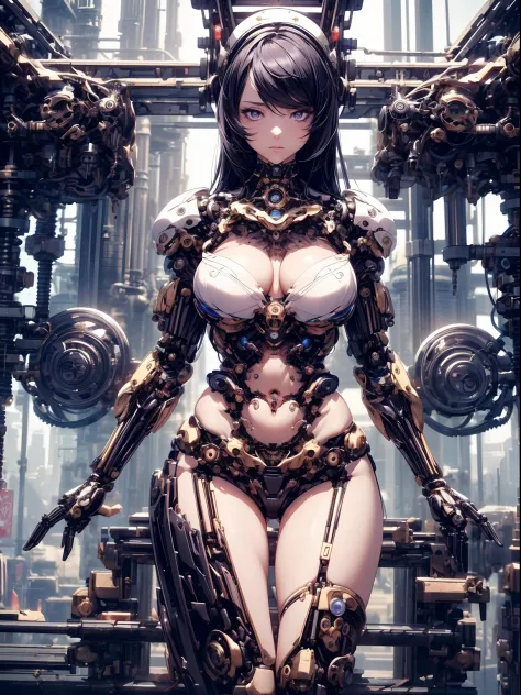 absurderes,(​masterpiece、top-quality、8K ),intricate detailes,ultra-detailliert、1 Beautiful, And a woman of perfect proportions,(Machine Girl 1.3),Black Long Hair,Purple eyes,cleavage,Navel,Stomach,(Mechanical body,mechanical arms :1.4),Mechanical headgear ...