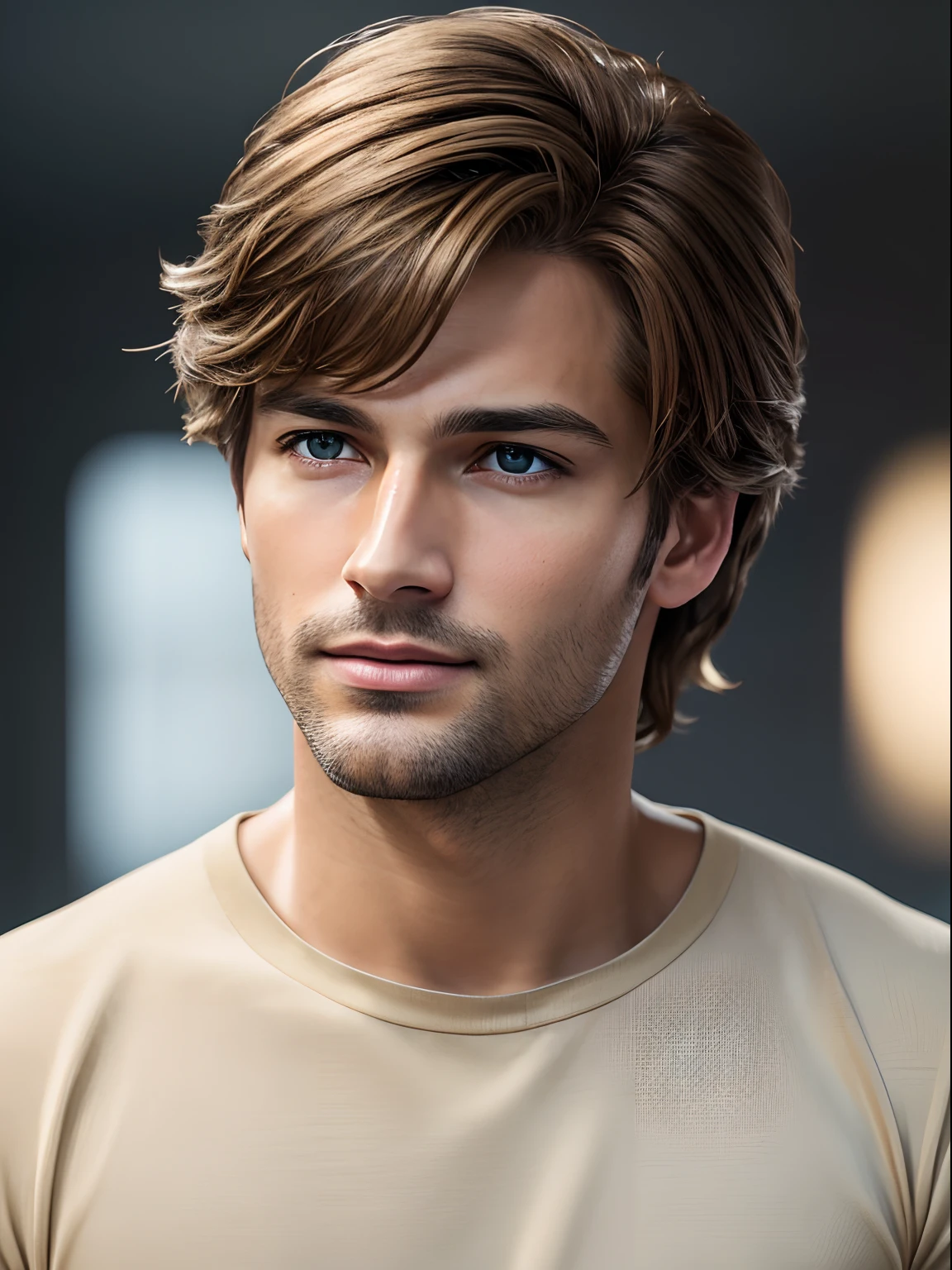 Photorealistic of a insanely handsome man with light brown messy hair, honey eyes, in the style of panasonic lumix s pro 50mm f/1.4, light beige and dark azure, celebrity images mashups, soft realism, barbiecore, unreal engine 5, 32k uhd, luminous quality, Brazilian realism, niji 5