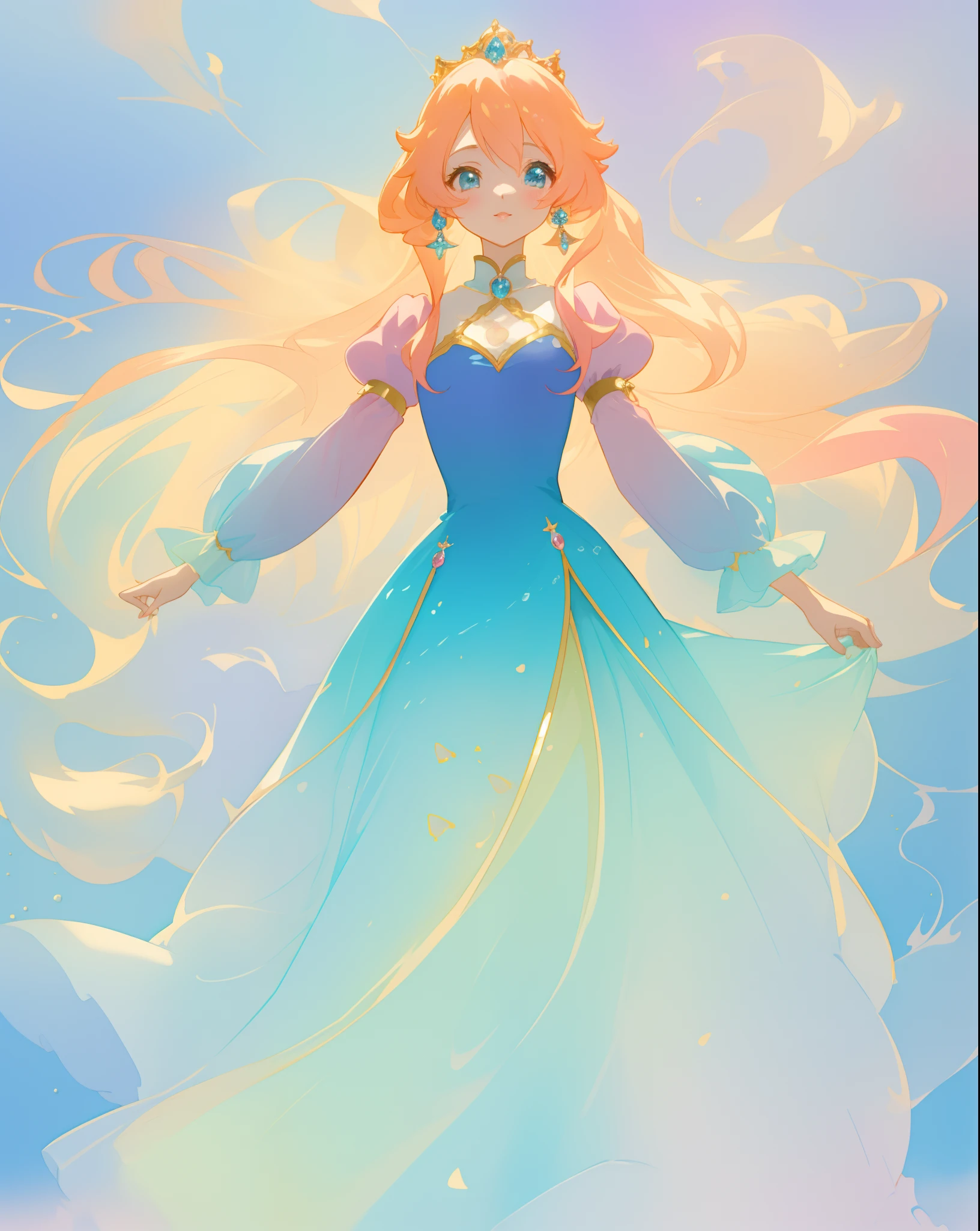 สวย anime girl in gradient blue princess ballgown with puffy long sleeves, ผมสีพีชสีทองสลวยยาว, ธีมของเหลว, สีพาสเทลที่มีชีวิตชีวา, พื้นหลังแฟนตาซีสีสันสดใส, ภาพประกอบสีน้ำ, สไตล์ศิลปะดิสนีย์, สวย digital illustration, สวย, ผลงานชิ้นเอก, คุณภาพดีที่สุด, อะนิเมะสไตล์ดิสนีย์, สวย face