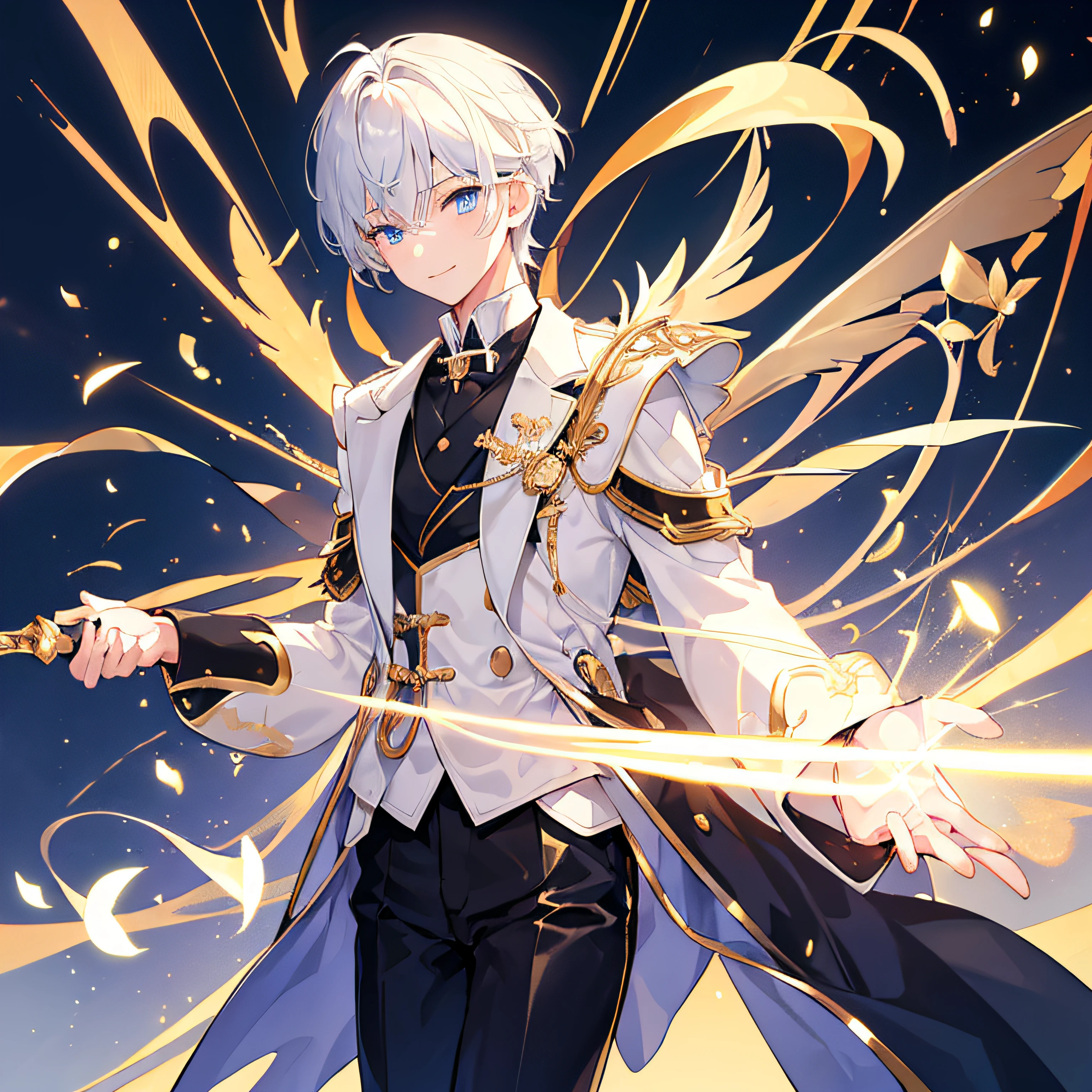 1 boy, short white hair, one blue eye, one golden eye, kind of short, 16 years old, one winged angel, single gold shoulder plate, sword of light, Japanese symbol for light in golden eye, power of light, cute smile, black pants, white shirt, formal attire, cute