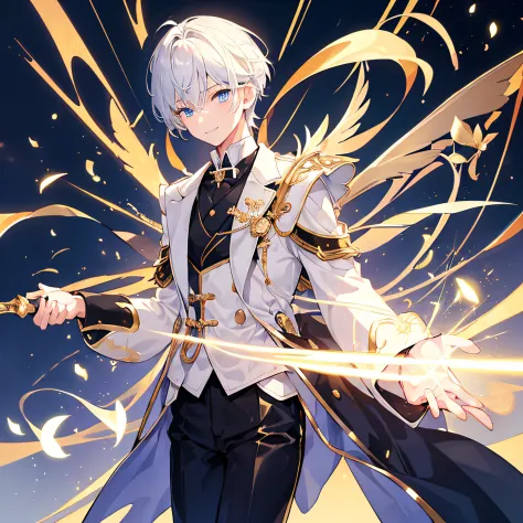 1 boy, short white hair, one blue eye, one golden eye, kind of short, 16 years old, one winged angel, single gold shoulder plate...