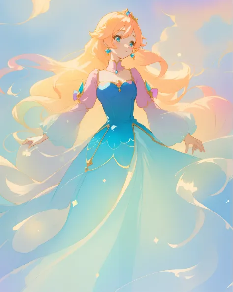 beautiful anime girl in gradient blue princess ballgown with puffy long sleeves, long flowing gold peach hair, liquid theme, vib...