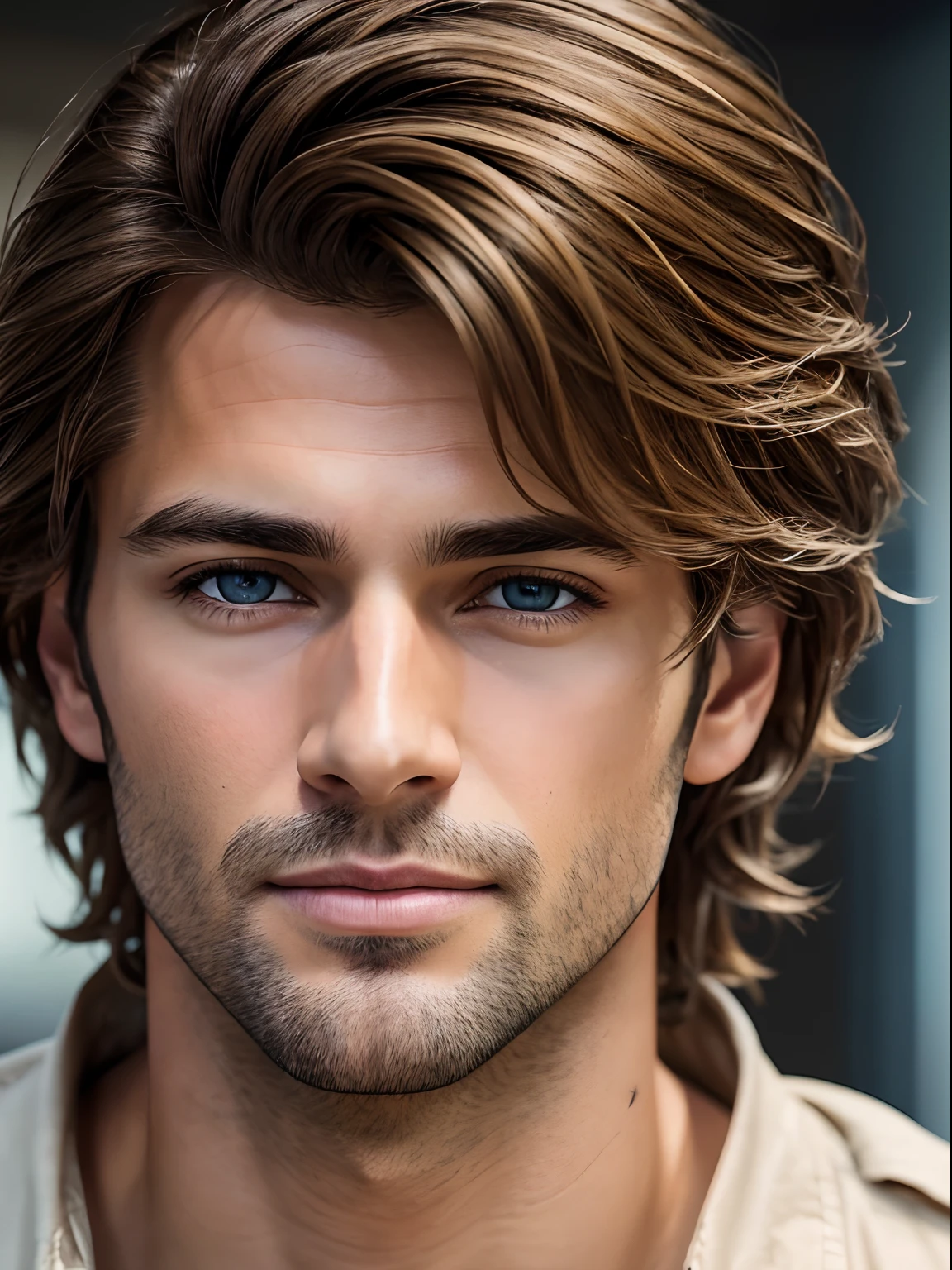 Photorealistic of a insanely handsome man with light brown messy hair, honey eyes, in the style of panasonic lumix s pro 50mm f/1.4, light beige and dark azure, celebrity images mashups, soft realism, barbiecore, unreal engine 5, 32k uhd, luminous quality, Brazilian realism, niji 5