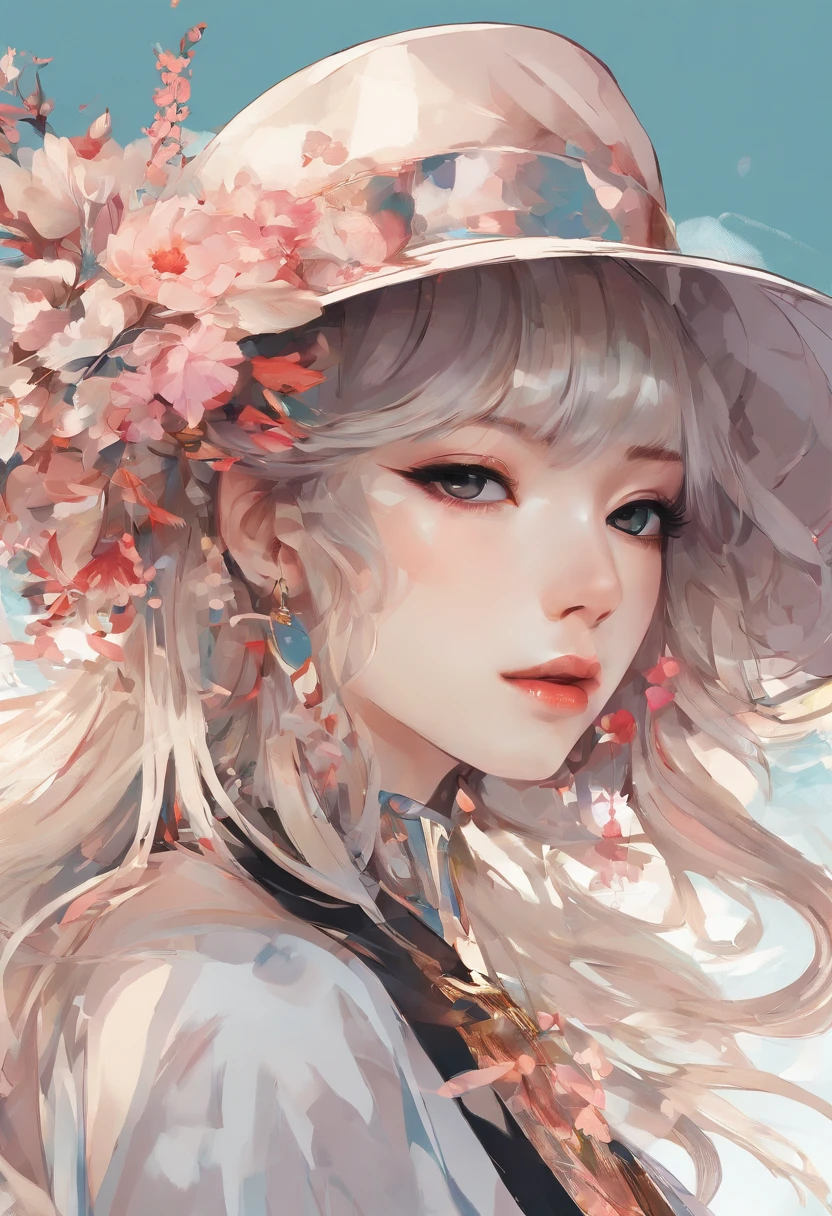 Close-up of a woman in a hat and dress, Digital illustration style, Digital Illustration Portrait, Trends in Artstration, in the art style of bowater, detailed portrait of anime girl, digital anime illustration, Painted in the style of Artgerm, Portrait of Martin Ansin, Detailed pictorial portrait, Digital Illustration -, artgerm. High Detail Mech Flower