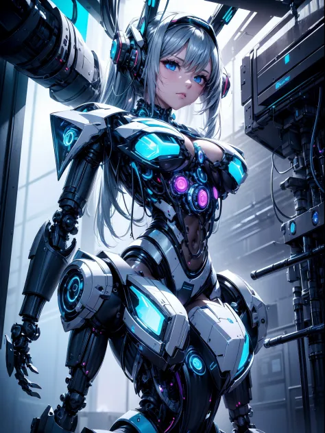 absurderes,(​masterpiece、top-quality、8K ),intricate detailes,ultra-detailliert、1 Beautiful, And a woman of perfect proportions,(Machine Girl 1.3),Purple long hair,cleavage,Navel,Stomach,(Mechanical body,mechanical arms :1.4),(greenr&Silver metallic body:1....