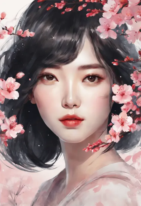 Watercolor style、digital art、Black Hair Bob、korean beautiful girl、Realistic plum blossom