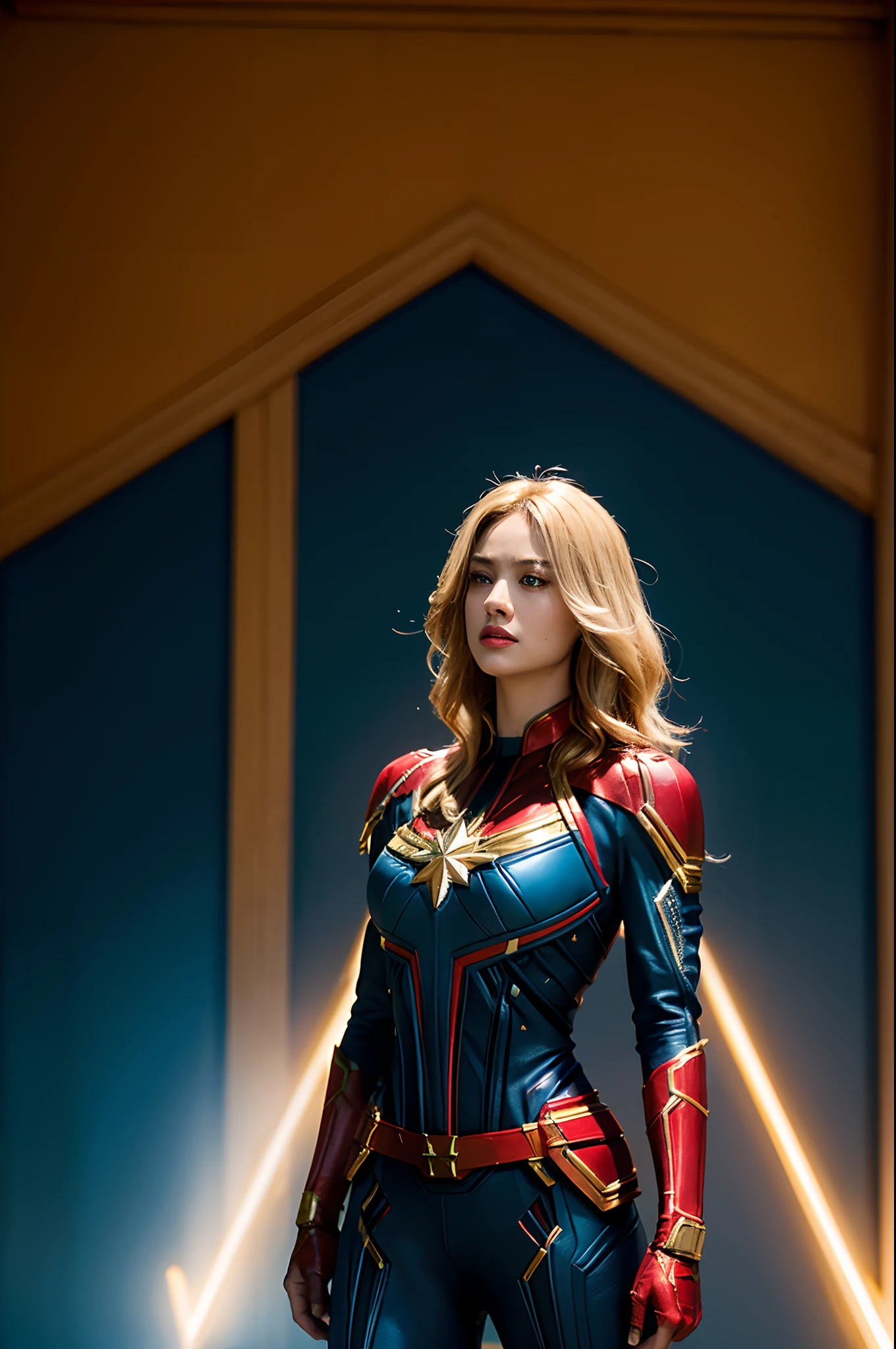 A woman in a captain marvel costume standing in a room - SeaArt AI