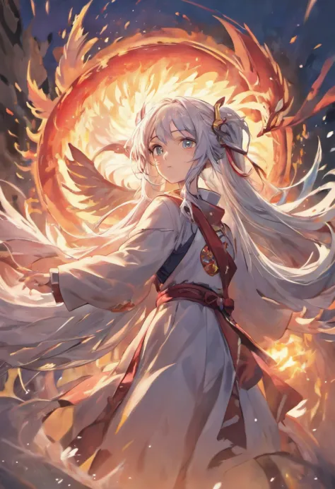 Dragon flying over burning town、large plumage、highcontrast、Girl is looking at the sky、red fullmoon、splash water､Flowing flame、detailed girl、neon color､Incandescent effect､18year old、(Yanlong、Ice Dragon;3,7)、(((robe blanche､Twintail、Rin々Shishi Face、With lon...