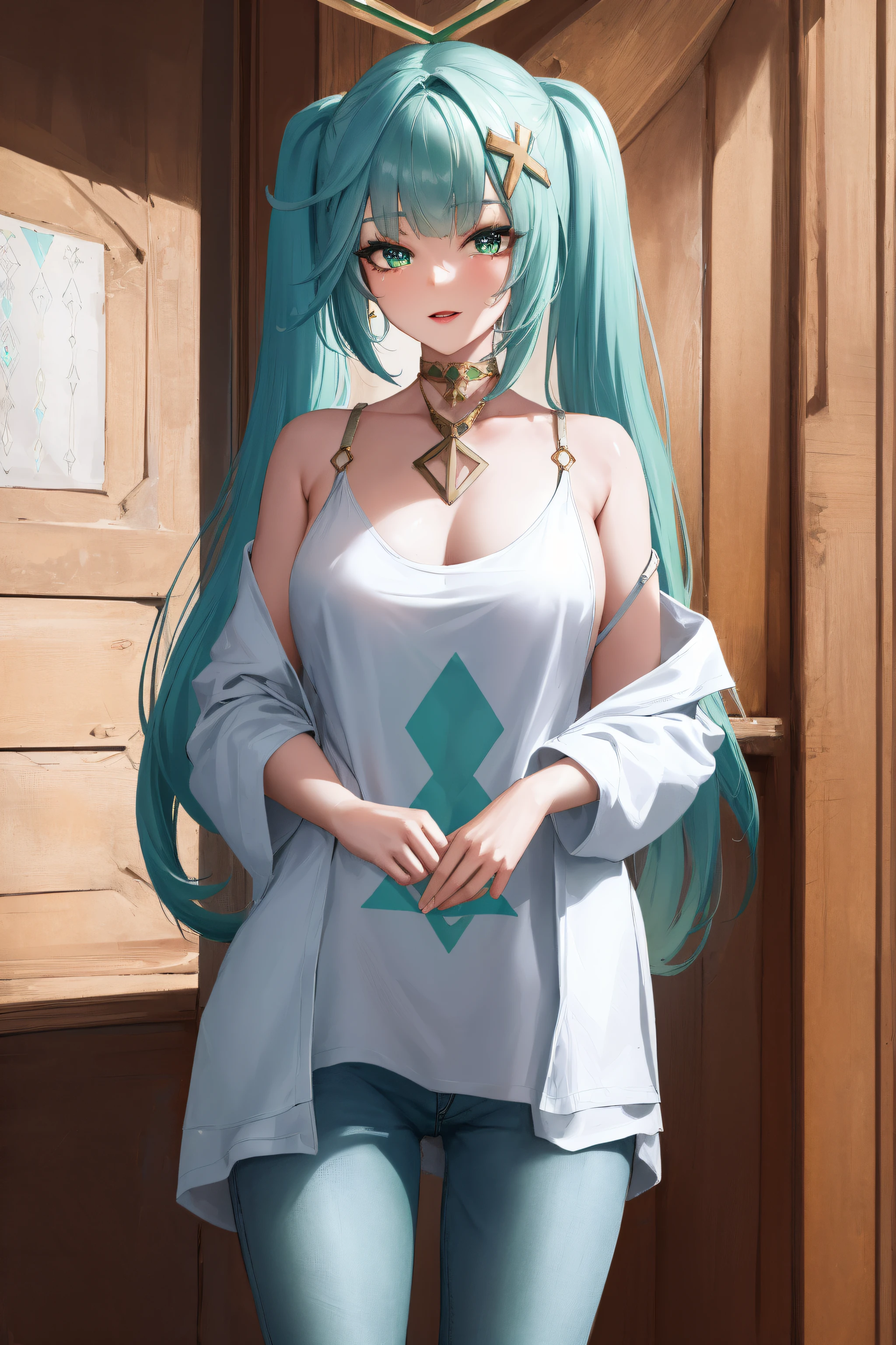 faruzan, faruzan, aqua hair, blunt bangs, cowlick, (green eyes:1.5), hair between eyes, hair ornament, long hair, (symbol-shaped pupils:1.5), (triangle-shaped pupils:1.5), twintails, x hair ornament, open mouth,seductive smile,
BREAK pants, jeans, sweater, collarbone, long sleeves,
BREAK looking at viewer, full body, (cowboy shot:1.5), upper body,standing,hands in pockets,
BREAK indoors, library,
BREAK (masterpiece:1.2), best quality, high resolution, unity 8k wallpaper,NSFW ,(illustration:0.8), (beautiful detailed eyes:1.6), extremely detailed face, perfect lighting, extremely detailed CG, (perfect hands, perfect anatomy),