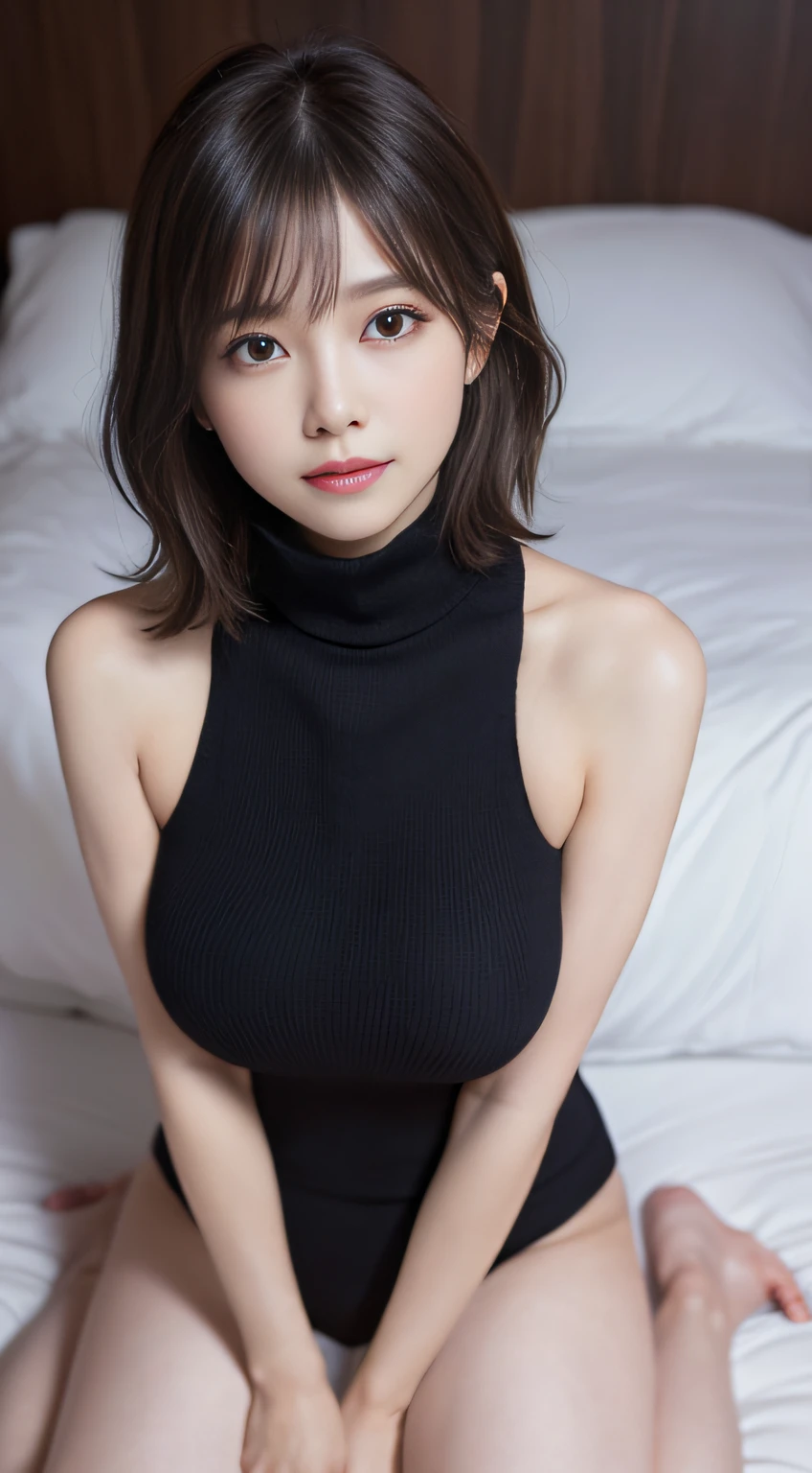 Innocent 20 year old girl、((Wear a sleeveless turtleneck knit,Dramatic poses)),Smile,short-cut,Bed background,Beach background、Raw photo, (8K、top-quality、​masterpiece:1.2)、(intricate detailes:1.4)、(Photorealsitic:1.4)、octane renderings、Complex 3D rendering ultra detail, Studio Soft Light, Rim Lights, vibrant detail, super detailing, realistic skin textures, Detail Face, Beautiful detail eyes, Very detailed CG Unity 16k wallpaper, make - up, (detailedbackground:1.2), shinny skin, Full body、From head to thigh、cleavage of the breast,((Sleep facing up、Angle looking down from above)),Black clothe