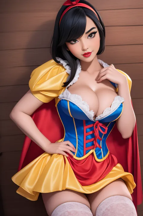 Beautiful Japanese 18 year old woman, wearing snow white cosplay, blue silk corset, red silk cape, yellow silk pleated skater skirt, , black bob hair, red hairband,  large breasts, , masterpiece, photorealistic, amazing detailed face,