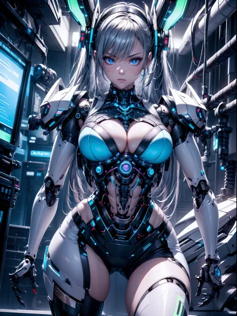 absurderes,(​masterpiece、top-quality、8K ),intricate detailes,ultra-detailliert、1 Beautiful, And a woman of perfect proportions,(Machine Girl 1.3),Purple long hair,cleavage,Navel,Stomach,(Mechanical body,mechanical arms :1.4),(greenr&Silver metallic body:1....