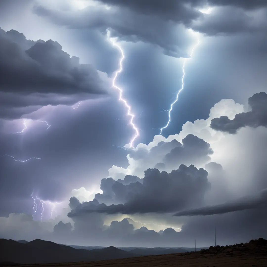 A close up of a lightning bolt in the sky with clouds - SeaArt AI