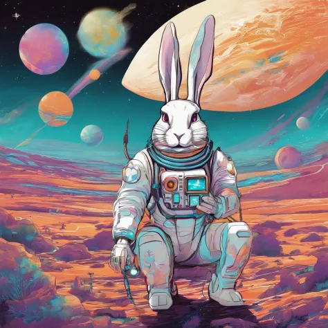 A colorful rabbit bigger than the Earth is nibbling on the moon
