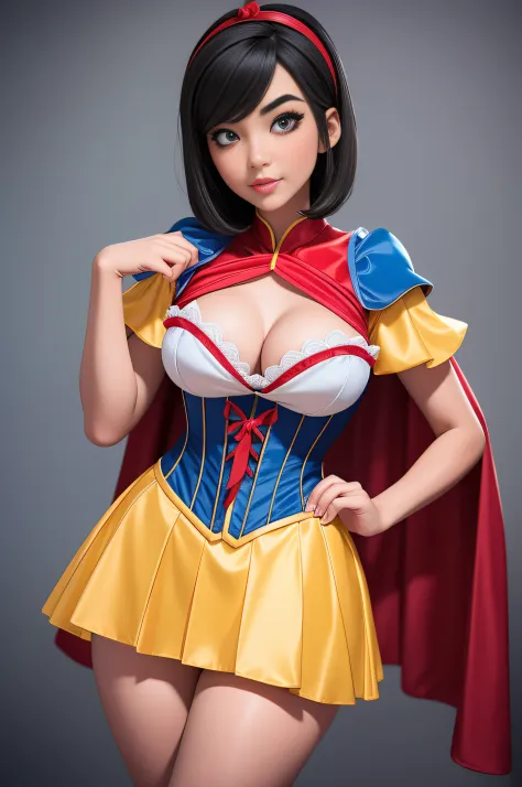 Beautiful Japanese 18 year old woman, wearing snow white cosplay, blue silk corset, red silk cape, yellow silk pleated skater skirt, , black bob hair, red hairband,  large breasts, , masterpiece, photorealistic, amazing detailed face,