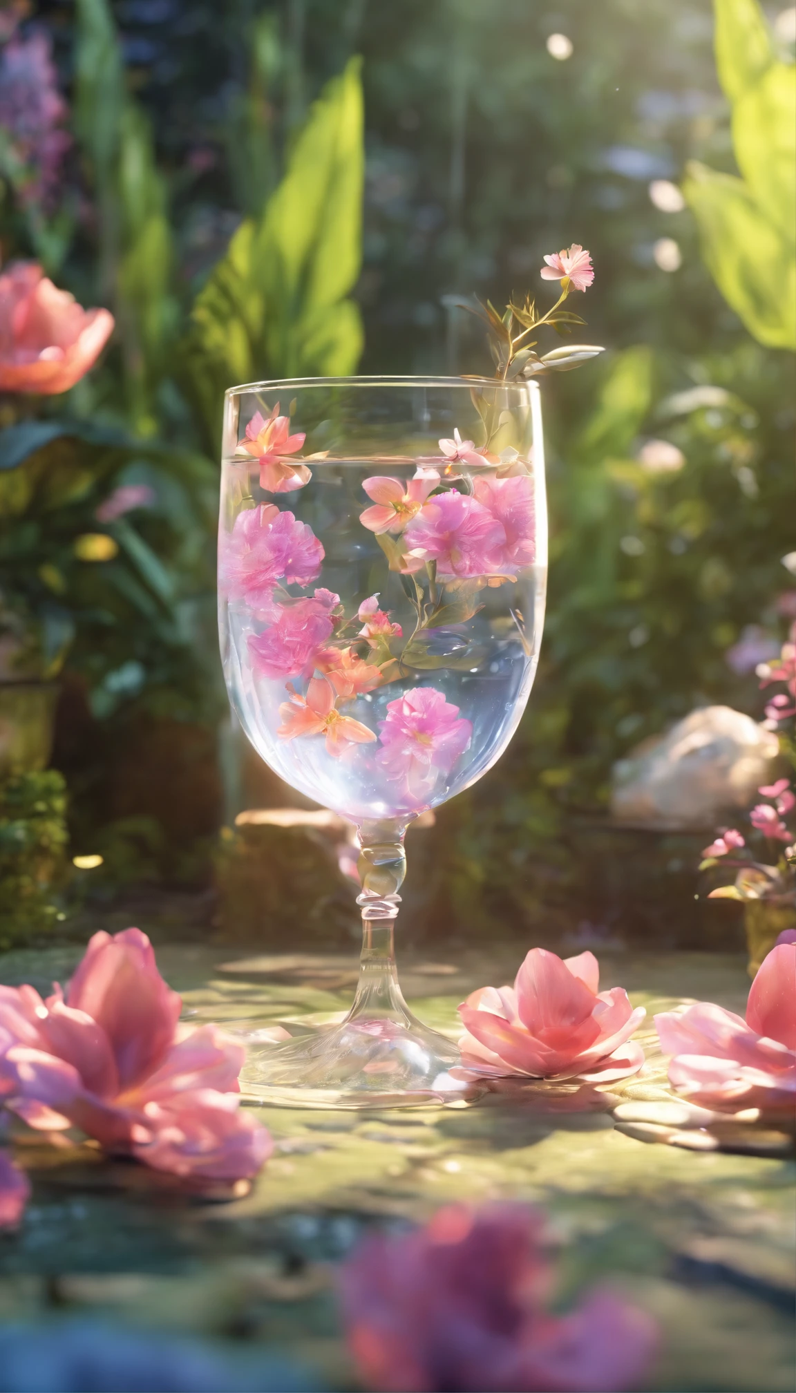 真ん中の透明なウォーターカップの接写，花や植物に囲まれた環境