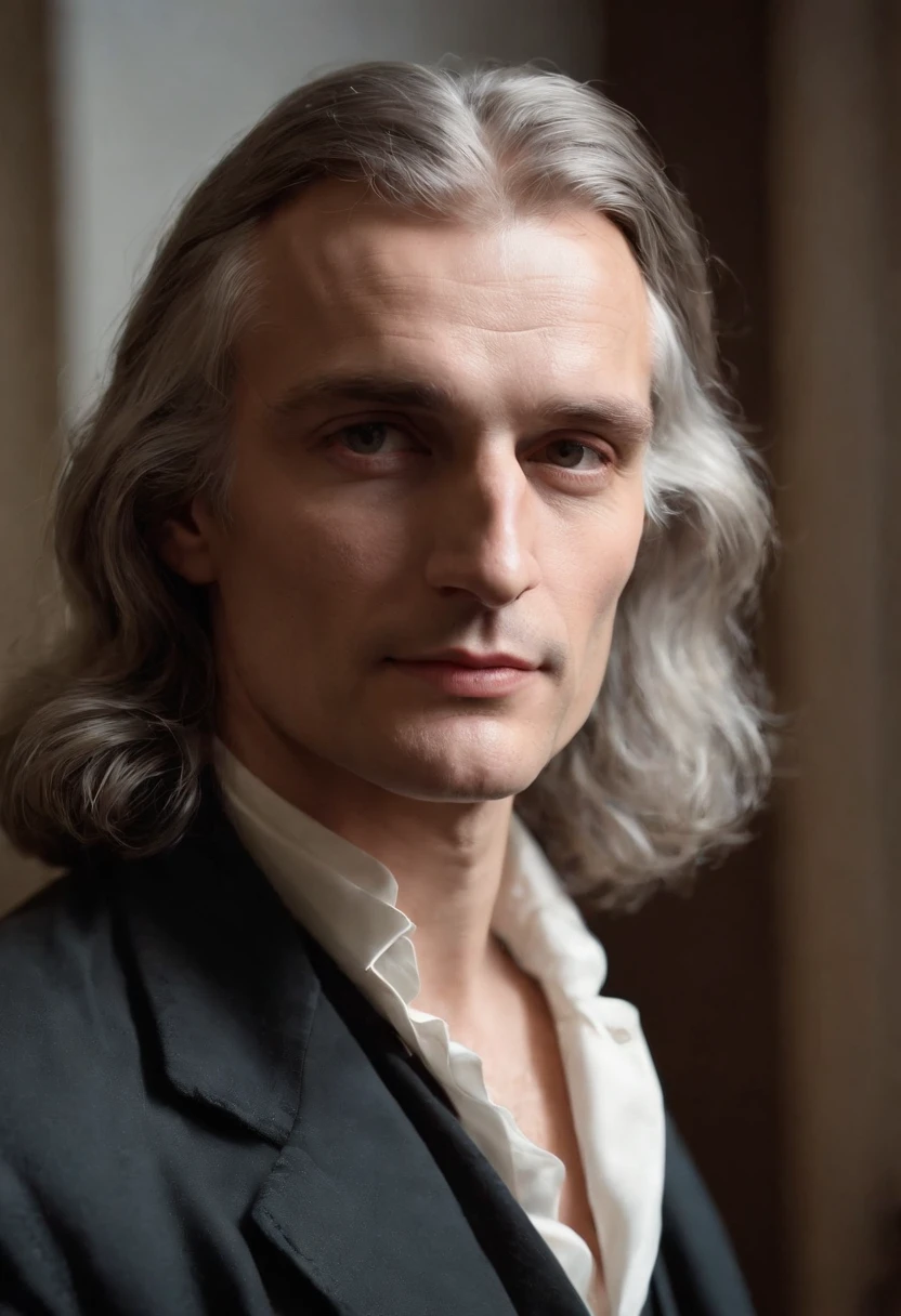 Image from a motion picture film, Portrait of Isaac Newton, physicist, Looking perfect front position sitting on a chair and in front of you a table, orgulhoso, Bold strokes, horizontes distantes, legado ancestral, fotorrealismo, efeito bokeh, detalhes intrincados, Hyper res, Canon EOS R6 Mark II, premiado, profissional, 8k, estilizado 1000, caos 20, Perfect Front Composition, Beautifully detailed and intricate rendering, in high trend on Artstation, 8k artistic photography, arte conceitual fotorrealista, soft, perfectly volumetric natural light, chiaroscuro, fotografia premiada, obra-prima, oil on the canvas, Raphael, Caravaggio, Greg Rutkowski, Beeple, Beksinski, Gige