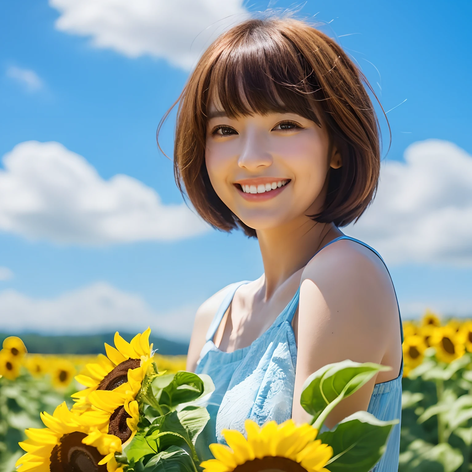 Best quality, ultra detailed, sunny, blue sky, beautiful lady, cute lady, smile ,Bob cut short hair, sunflowers